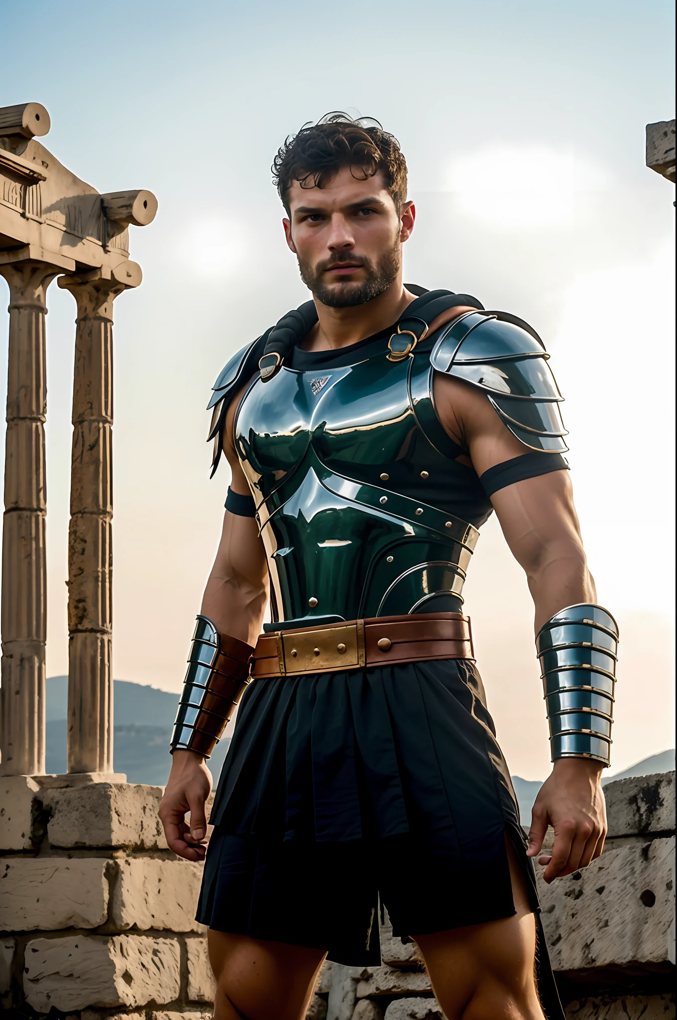 create a Gladiator), Greek God style, wearing Spartan armor, strong and muscular, Jamie Dornan, strong and muscular, (Moreno with model face), wearing dark beard, dark short hair, man similar to actor jamie dornan, (high quality and realistic image), sparta city background, cinematic style, ((Best quality, 8k, Masterpiece).