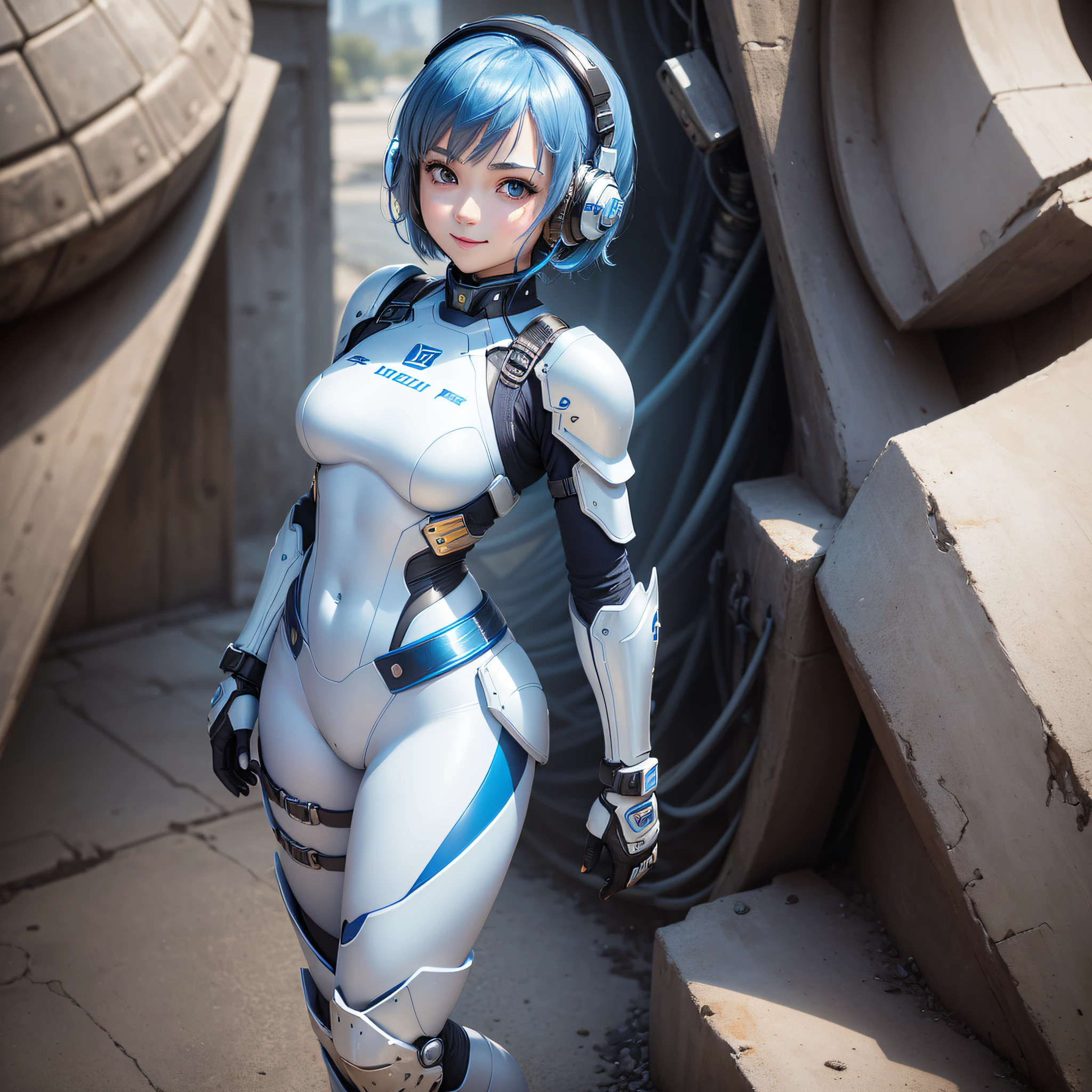 (masterpiece, highest quality, highest resolution, distinct_image, detailed details): (Solo, lone girl, face is Japan, blue haired girl, short hair, full body figure, see viewer, front-facing, small size breasts, sparkling blue colored eyes, pilot suit of metallic tone white and blue, black color color, tight fit clothes, clothes that cover the whole body, beauty, cuteness, light smile, blush, Slim body, exoskeleton, white and blue and black metal armor, heroine, headset, boots)