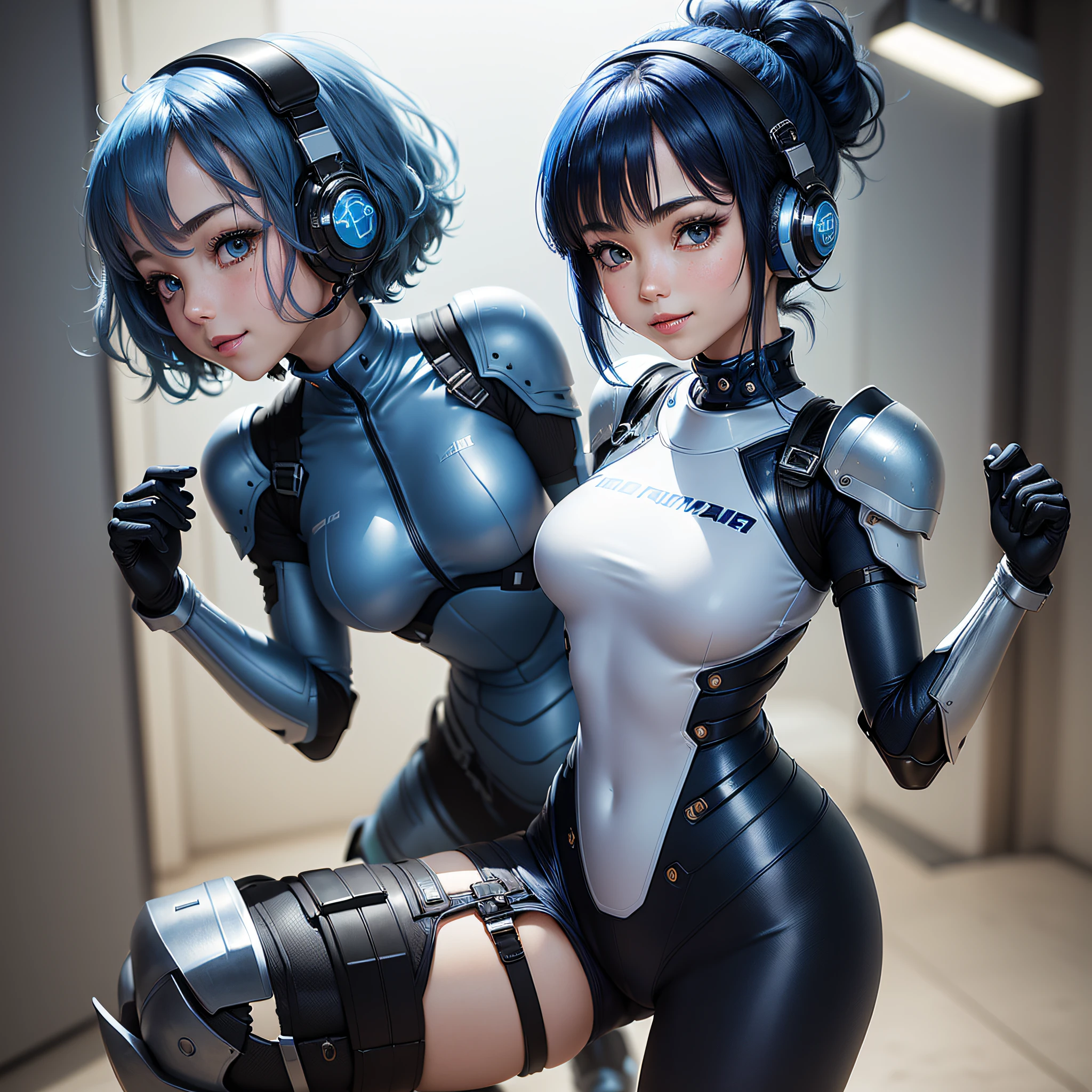 (masterpiece, highest quality, highest resolution, distinct_image, detailed details): (Solo, lone girl, face is Japan, blue haired girl, short hair, full body figure, see viewer, front-facing, small size breasts, sparkling blue colored eyes, pilot suit of metallic tone white and blue, black color color, tight fit clothes, clothes that cover the whole body, beauty, cuteness, light smile, blush, Slim body, exoskeleton, white and blue and black metal armor, heroine, headset, boots)