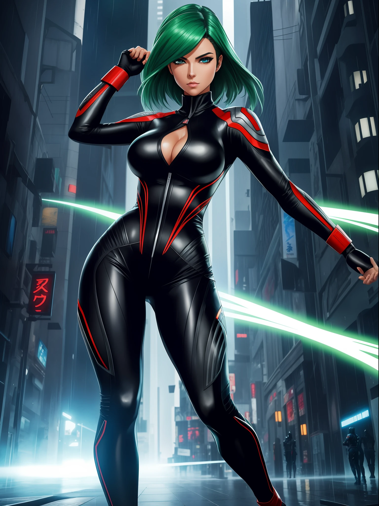 (full body photo/standing/foot on the ground) ((Luana/Woman has large breasts, black with white parts/ninja/Ultraman/futuristic costume, extremely tight on body)). Luana is in a futuristic city with heavy rain, clouds charged in the sky. Luana has ((green hair, blue eyes)), her hair and her clothes are soaked, her clothes are transparent, she is staring at the viewer, from the front, anime, anime style, Mortal Kombat, 16k, UHD, best quality, high quality, award winning, anatomically correct, masterpiece