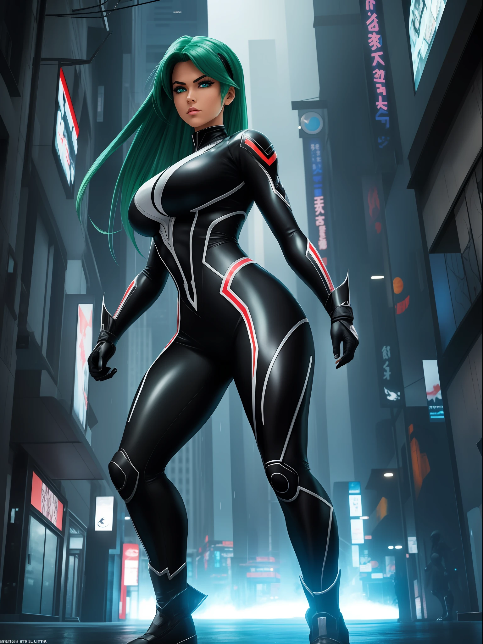 (full body photo/standing/foot on the ground) ((Luana/Woman has large breasts, black with white parts/ninja/Ultraman/futuristic costume, extremely tight on body)). Luana is in a futuristic city with heavy rain, clouds charged in the sky. Luana has ((green hair, blue eyes)), her hair and her clothes are soaked, her clothes are transparent, she is staring at the viewer, from the front, anime, anime style, Mortal Kombat, 16k, UHD, best quality, high quality, award winning, anatomically correct, masterpiece