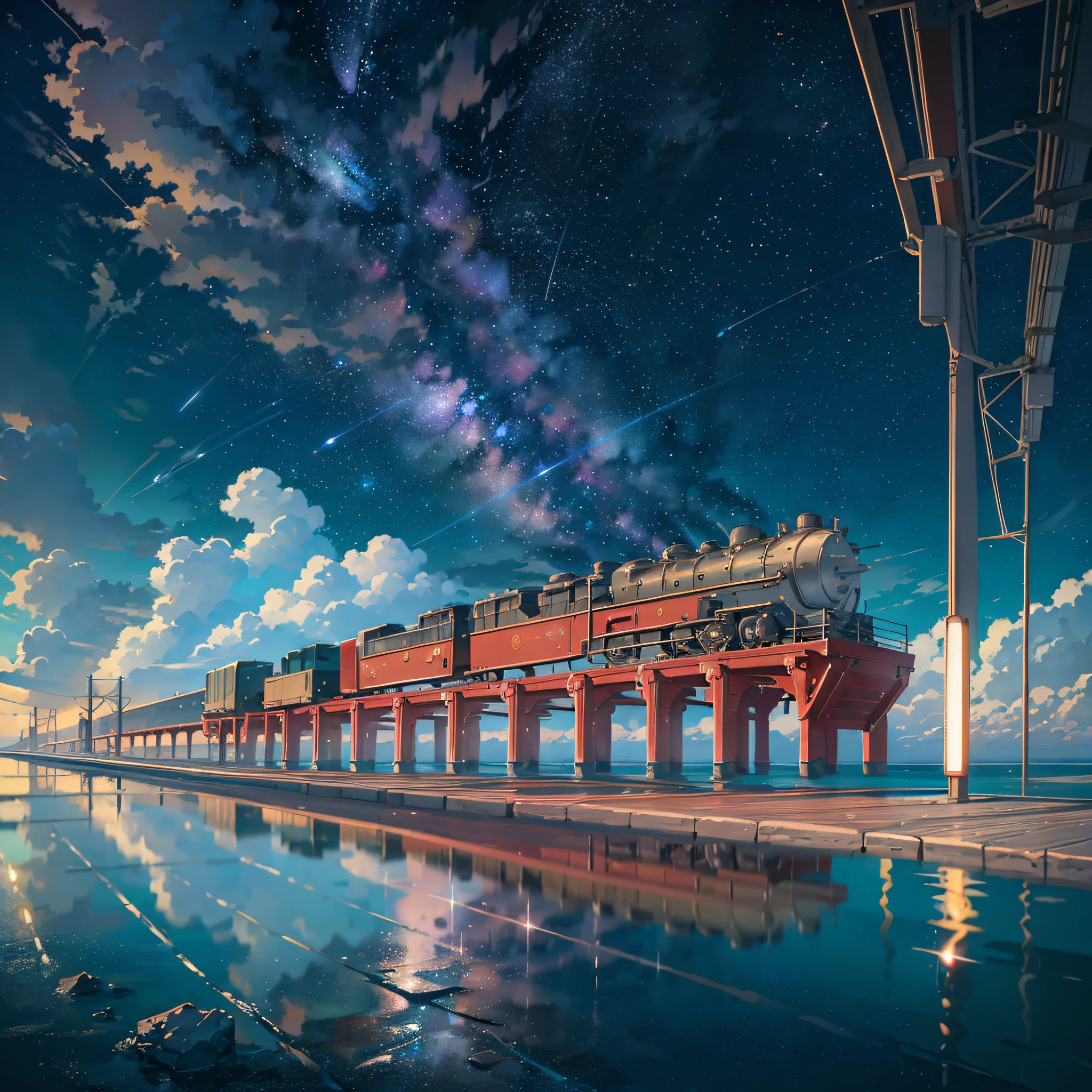 High quality masterpiece, galaxy landscape, anime train passing through bodies of water on rails, bright starry sky. Romantic train, pixiv, concept art, lofi art style, reflection. by Makoto Shinkai, lofi art, beautiful anime scene, anime landscape, detailed scenery - width 672, Makoto shinkai style, Makoto shinkai style, enhanced details. --auto --s2