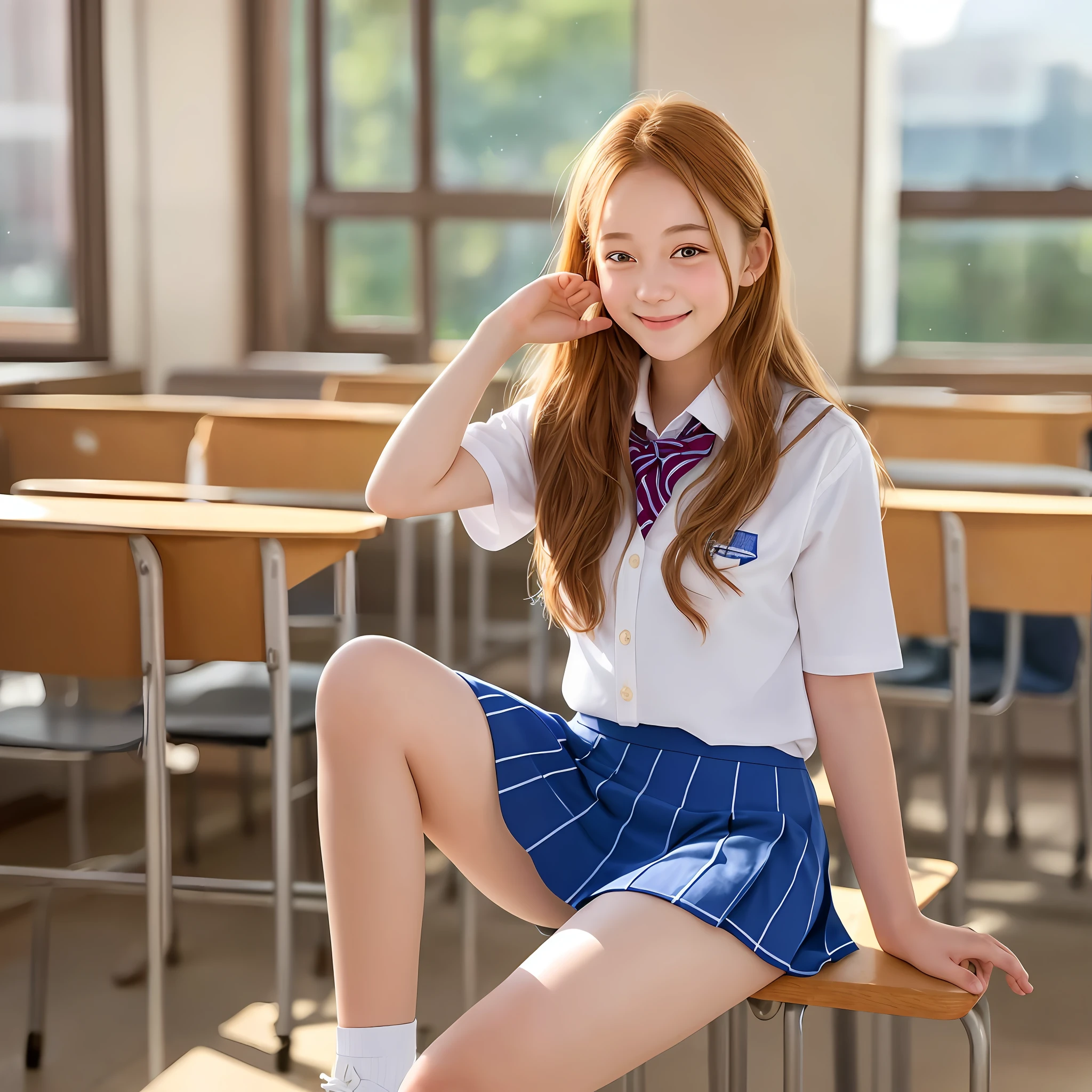 girl 1 person, beautiful face, 18 years old, smiling, looking viewer, school uniform, over-the-knee skirt, big, photo, realistic, best quality, adopted, detailed face, classroom, detailed background, diffused lighting, depth of field, bokeh