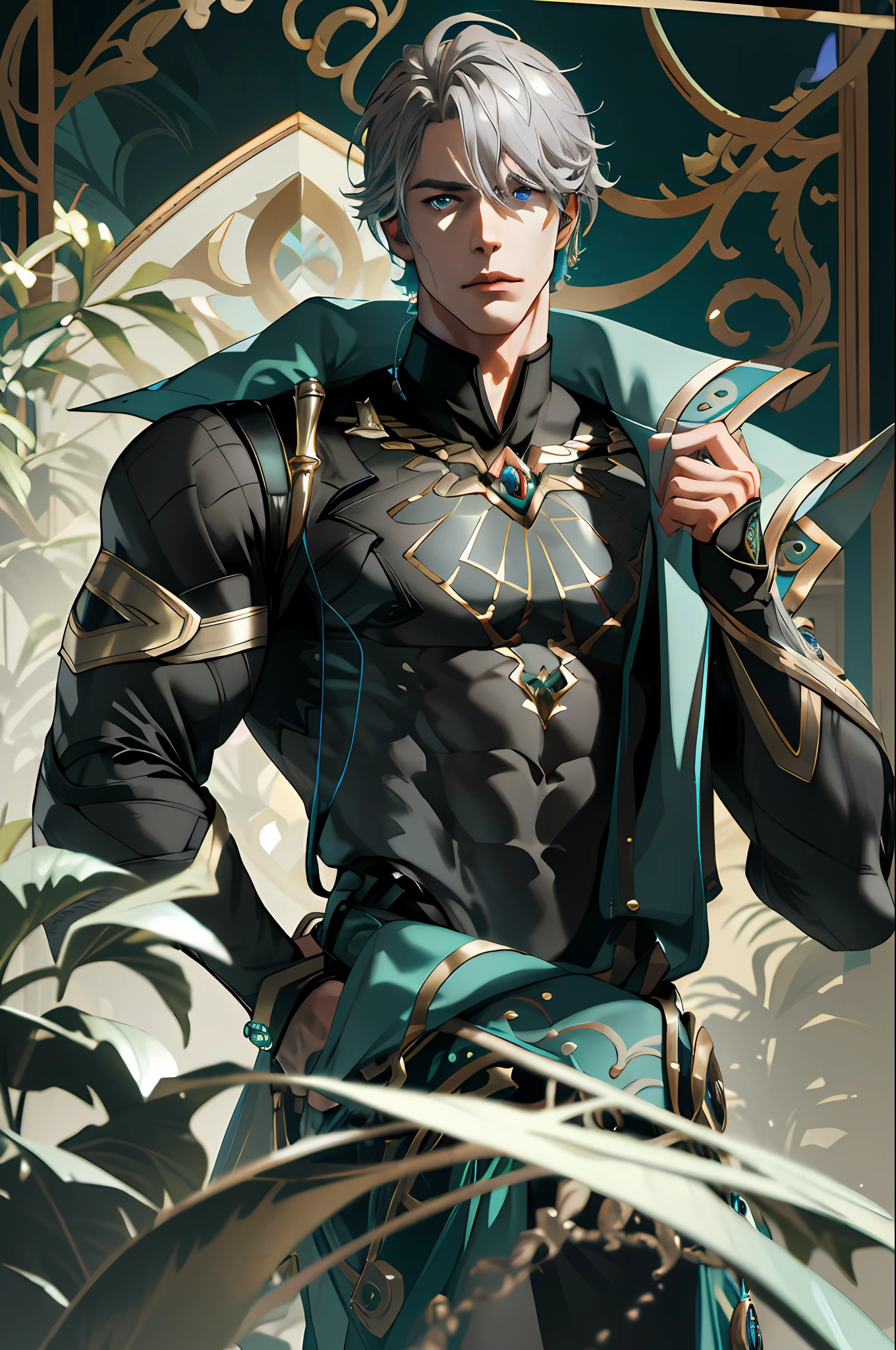 (absurdres, highres, ultra detailed), 1 male, mature, handsome, tall muscular guy, broad shoulders, grey hair, dark teal eyes, long sleeves, finely detailed eyes and detailed face, extremely detailed CG unity 8k wallpaper, intricate details, (style-swirlmagic:0.8), portrait, solo, half shot, detailed background, (warhammer fantasy theme:1.1)
