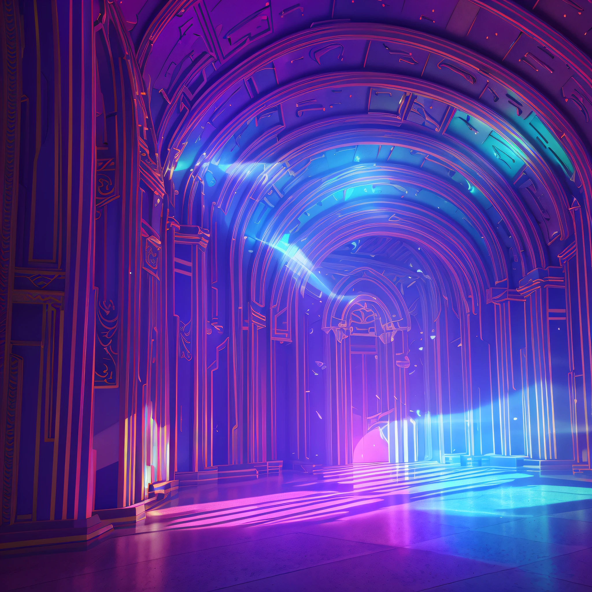 Create the interior of a futuristic, vault-shaped, festive-looking, ultra-realistic temple with vibrant colors, 4k, cinematic lighting, natural lighting, vibrant multicolored lighting, film grain, cinematic lighting, high detail, photoreal, photorealistic, volumetric lighting and shading --auto --s2