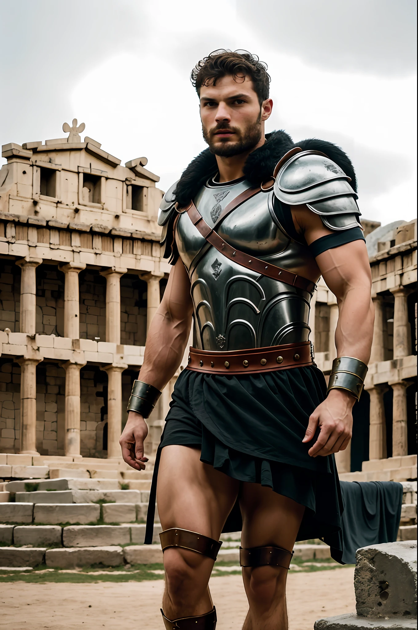 create a Gladiator), Greek God style, wearing Spartan armor, strong and muscular, Jamie Dornan, strong and muscular, (Moreno with model face), wearing dark beard, dark short hair, man similar to actor jamie dornan, (high quality and realistic image), sparta city background, cinematic style, ((Best quality, 8k, Masterpiece).