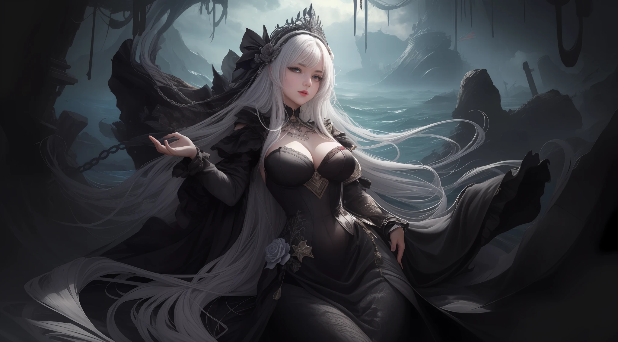 masterpiece, best quality, (extremely detailed CG 8k wallpaper unit), (best quality), (best illustration), (best shadow), realistic lighting(8k image), detailed fingers, detailed hands, detailed body, mermaid, white, white hair with a black lock, long hair, large breasts, heaving, inside the sea, dark environment, shipwreck, black bra, red eyes, red lips, dark gray tail, air bubbles in the background, queen's crown on head, chained neck