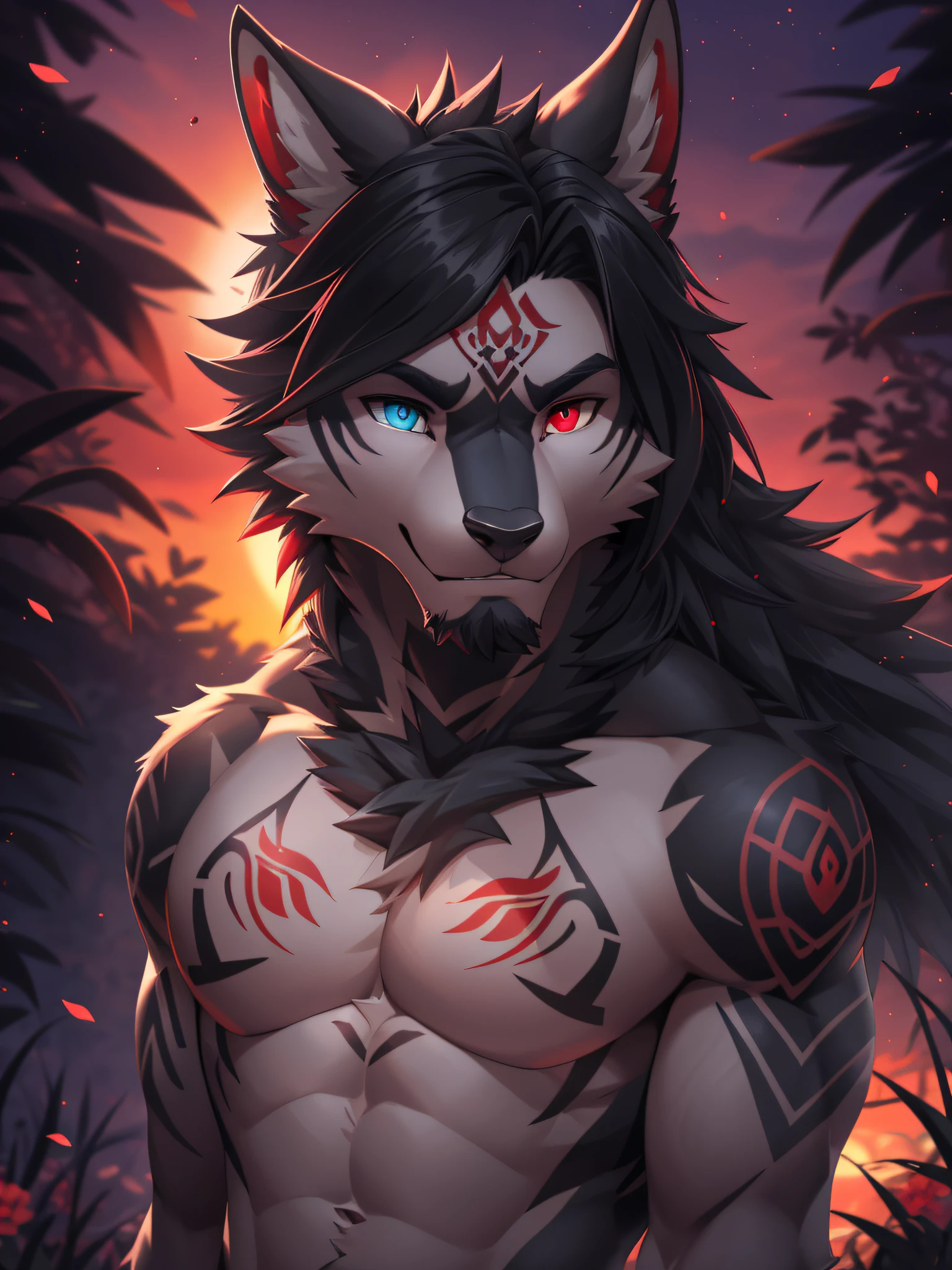 male alpha wolf in garden, black skin, red tattoo, waning moon tattoo on chest, ((heterochromia, blue left eye, red right eye)) dreamy background, kindness, (frightening), unlimited light, magnificent sunset background, octane render, beautiful features, beautifully detailed eyes, intricate skin, detailed face, perfect skin texture, extreme details, full body vision, cinematic lighting, professional lighting, centered, looking at camera, 8k, shooting with Hasselblad X1D-50, maximum focus, depth of field, perfect lighting, light particles, (best quality), (masterpiece), (ultra detailed), sharp focus, light particles