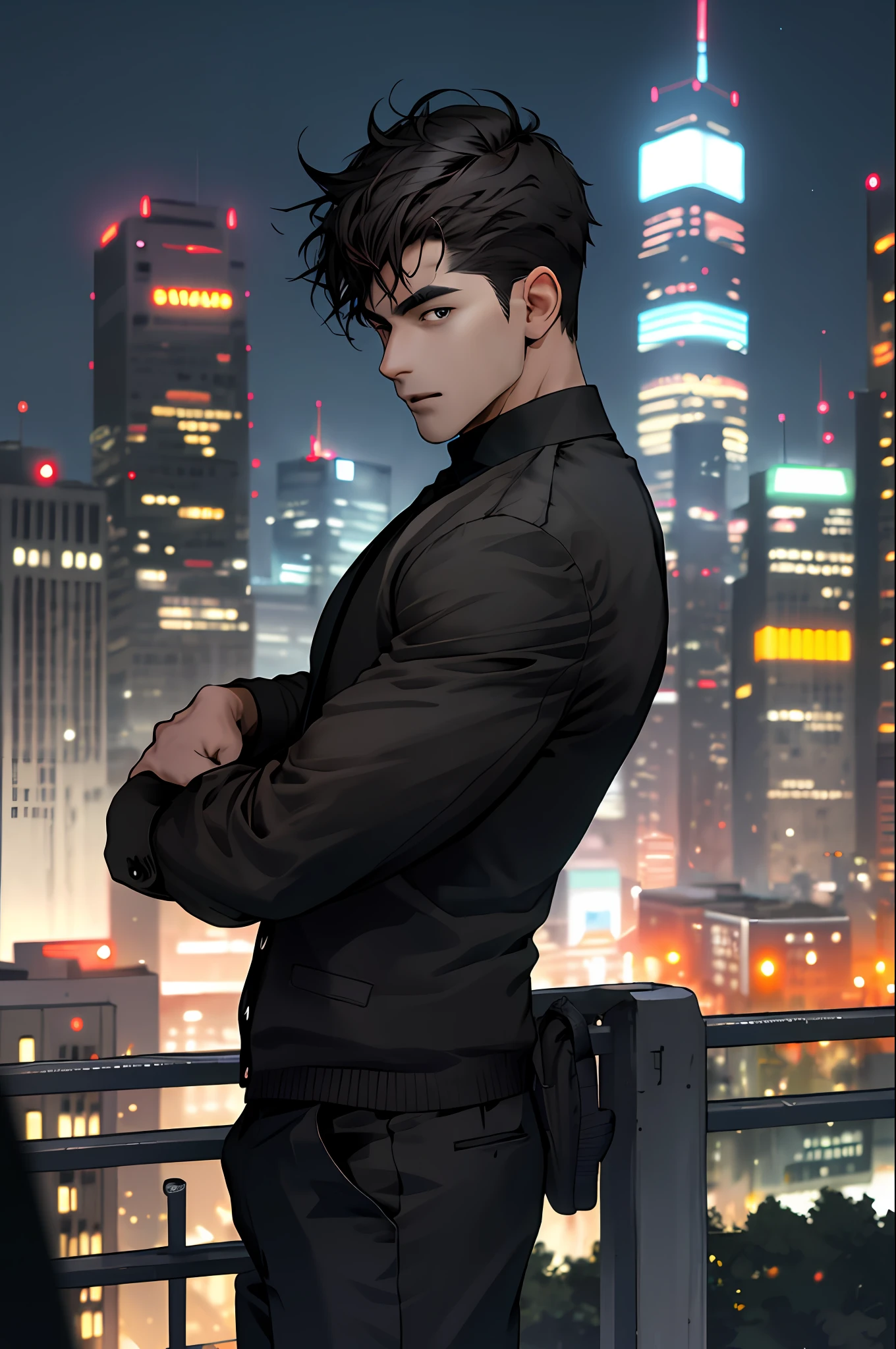 1man,masterpiece,best quality, ultra high res, dusk,cityscape,depth of field, short black messy hair, solo male