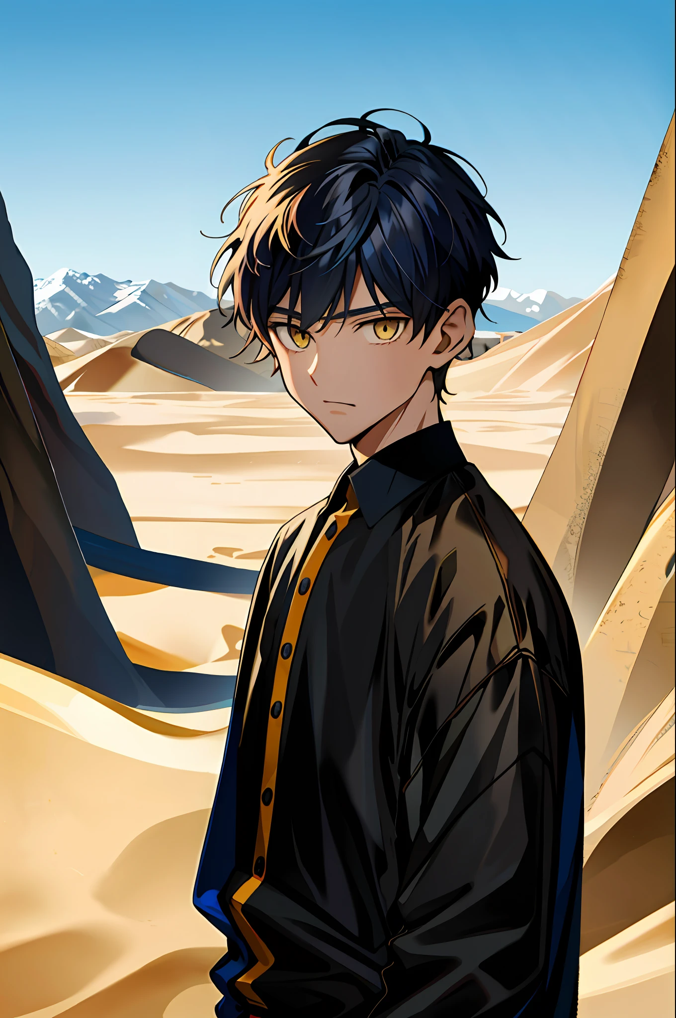 1 boy, , child, handsome boy, dark blue hair, comma hair, comma hair on forehead, sand tone clothes, baggy clothing, deserted clothing, bright, yellow eyes, looking at the viewer, upper body, sand, desert