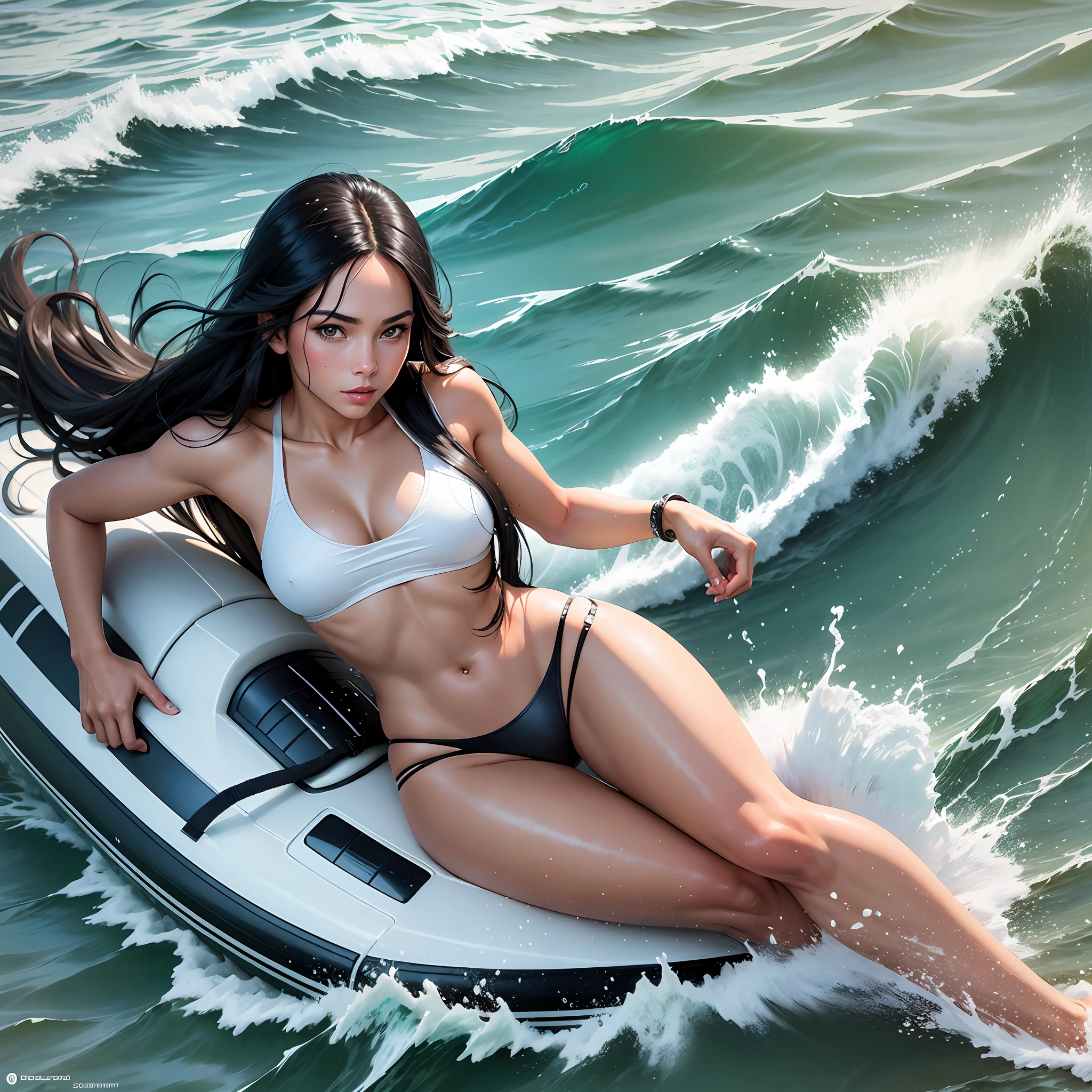 White tanned Bond girl with long black hair, water-skiing in the ocean --auto --s2