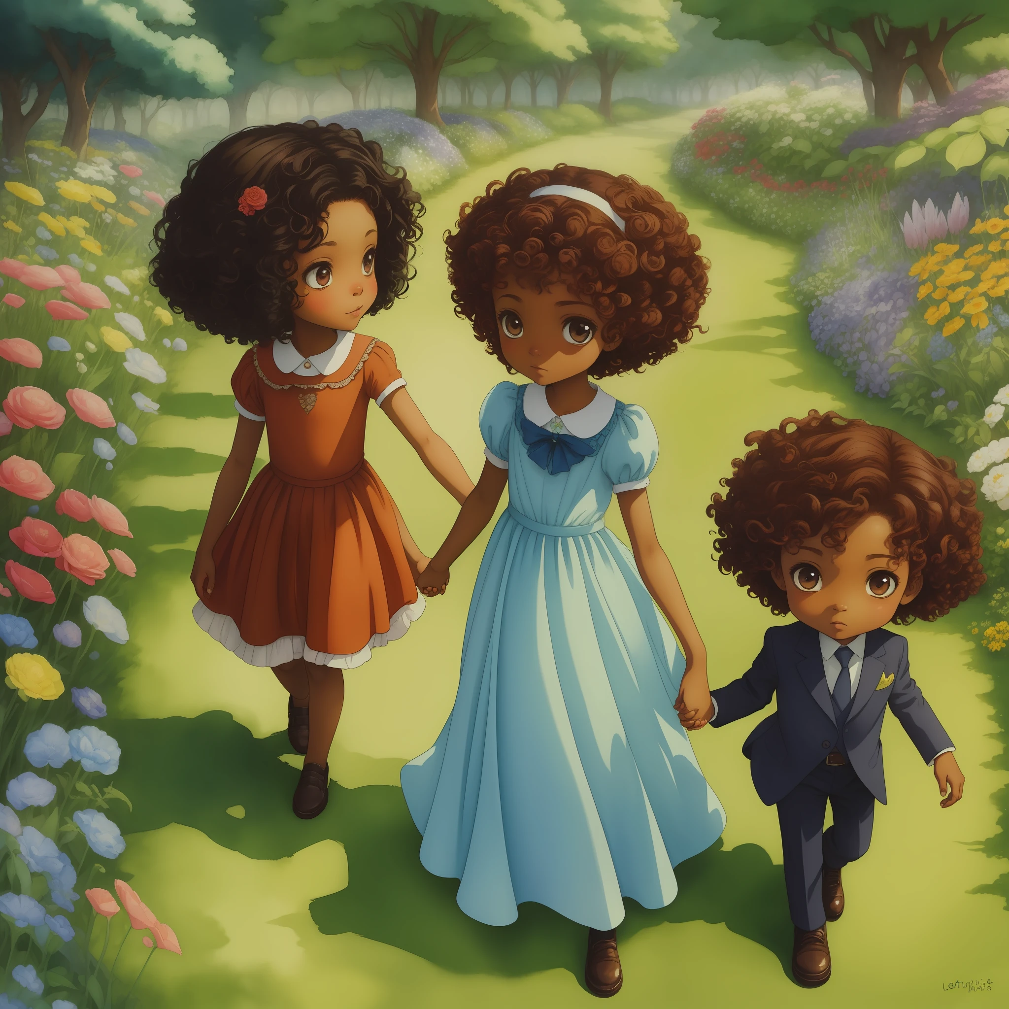 fine art print,cute (African chibi couple) holding hands,a cute (brown skin) chibi tiny girl with curly dark red hair and green eyes wearing a blue flowing dress outside in a flower garden,holding hands with a cute chibi tiny (brown skin) boy in a suit with curly black hair and black eyes wearing adventurers cloth,big eyes,detailed background,riot games illustration,pixar,loish,in the style of ida rentoul outhwaite,watercolors