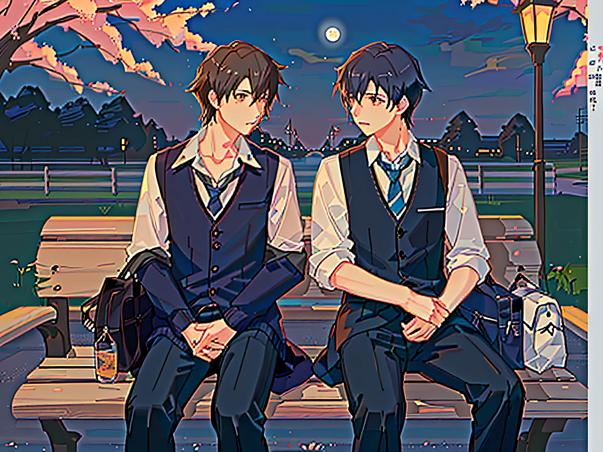 At night, two boys sit on a park bench, wearing high school uniforms, street lamps and full moon in the background, looking at each other affectionately, two school bags on the ground, blushing, Guvitz and Makoto Shinkai, Guwitz and Makoto Shinkai
