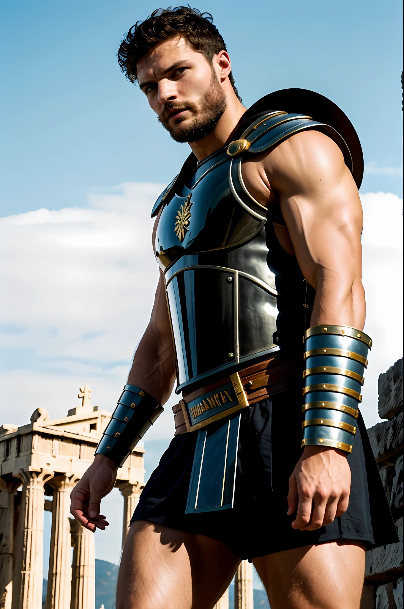 create a Gladiator), Greek God style, wearing Spartan armor, strong and muscular, Jamie Dornan, strong and muscular, (Moreno with model face), wearing dark beard, dark short hair, man similar to actor jamie dornan, (high quality and realistic image), sparta city background, cinematic style, ((Best quality, 8k, Masterpiece).