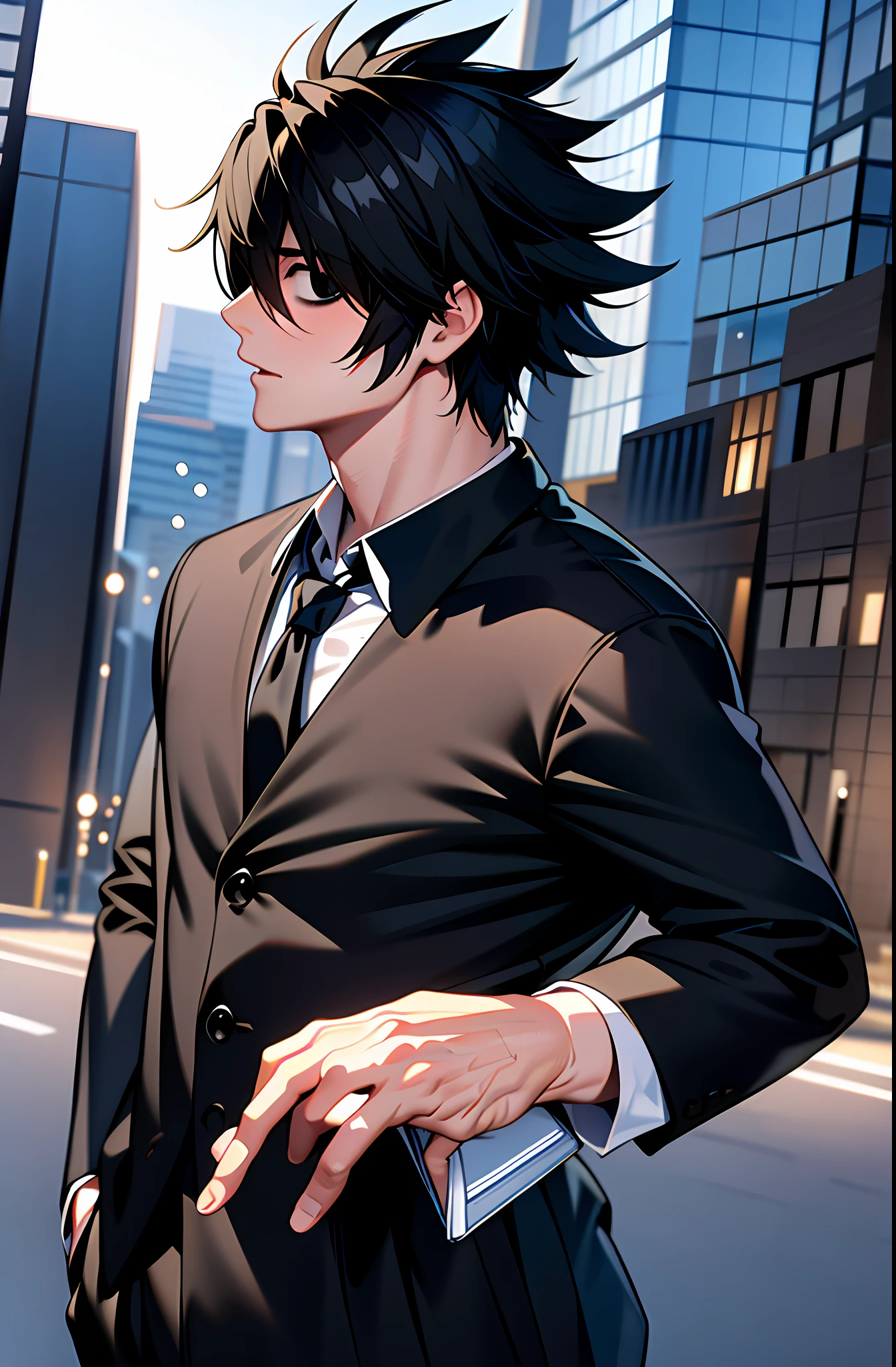 (masterpiece,best quality, detailed), 1boy, male focus, looking at viewer, upper body, outdoors, street,
l lawliet, formal, black suit, necktie