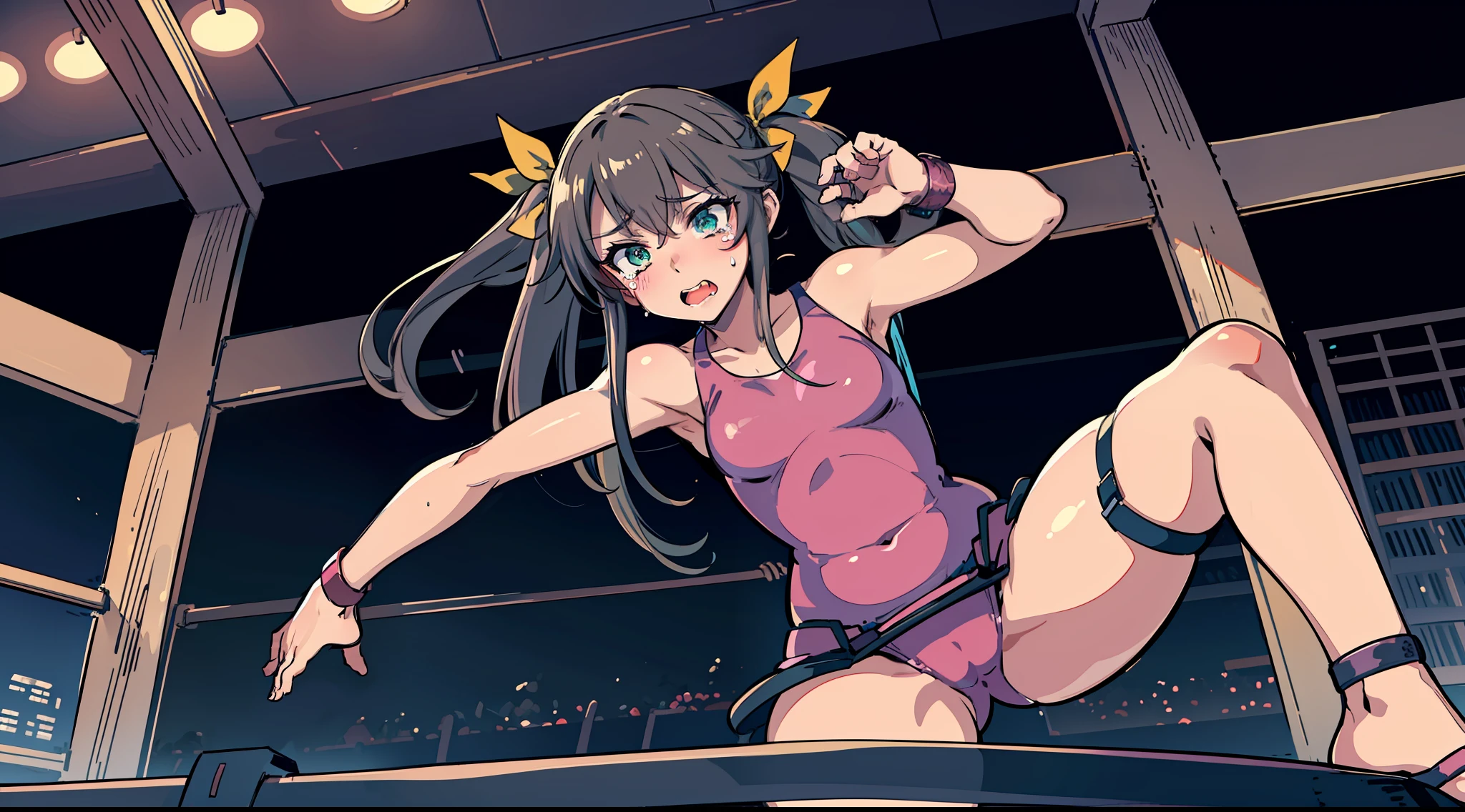 (((masterpiece))), best quality, highly detailed, extremely detailed CG unity 8k wallpaper,illustration,sfw,safe for work, ryona,punch on face,punch on belly,
sd1,solo, one female,1female,lingyinhuang, fang, yellow ribbon, hair ribbon,pink leotard, pilot suit, halterneck, covered navel, bare shoulders, pink thigh highs,dark green eyes, wet body,bondage,bdsm, tied,tied up,rope, hands are bound,
boxing,ryona,punching,punched,sexy pose,extreme close-up to toes,close-up to leg,angle from below,open legs, spread legs,suffering,tears,crying,suffering face,
indoor, grey background, dark background, night,spotlight