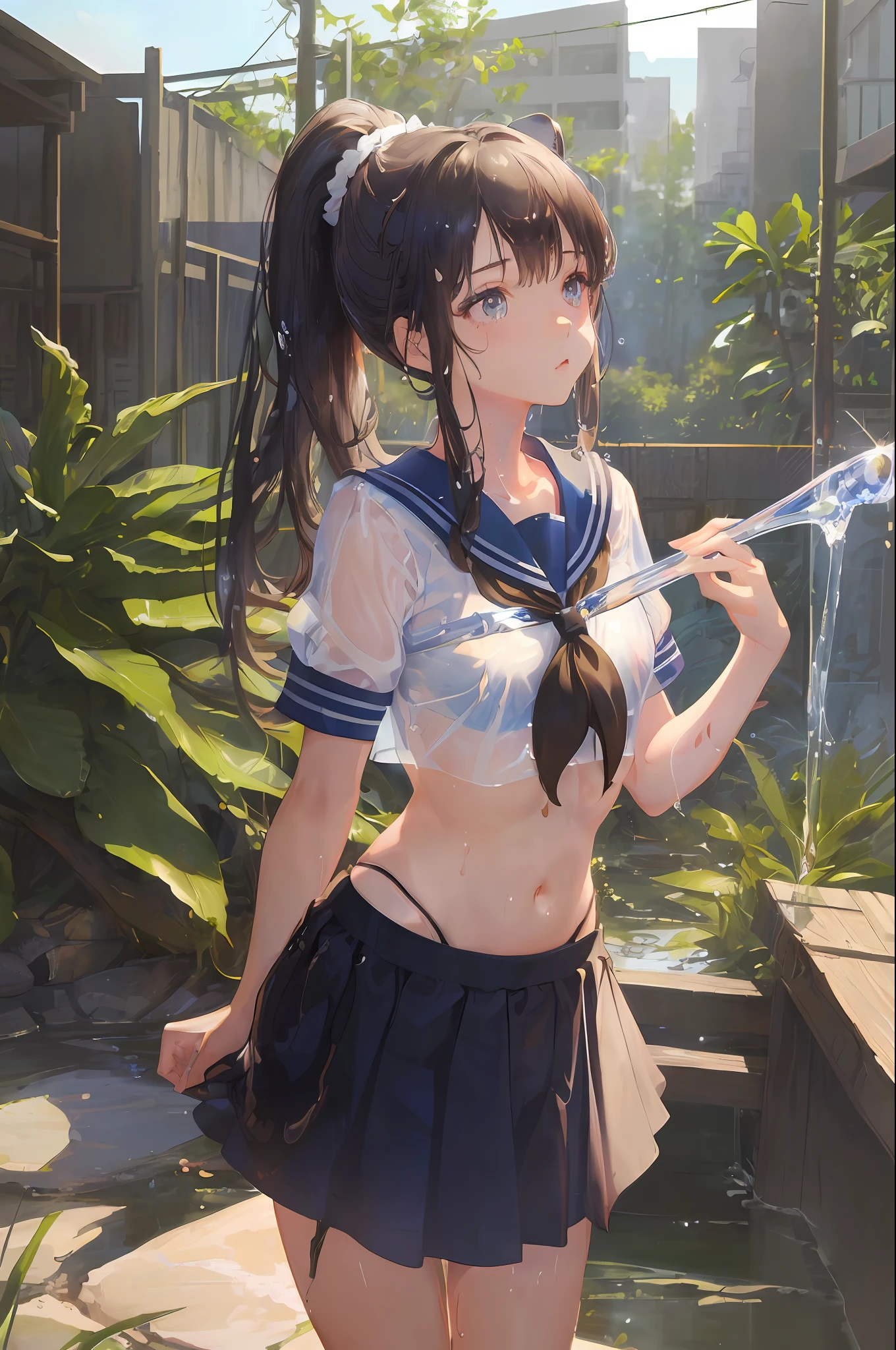 Cornflower art, dreamy, (masterpiece, top quality, perfect anatomy, beautiful face, realistic, super detailed, 1 girl, 18 ears senile, solo, depth of field, canon 24mm lens, f1.4, cute_girl, sailor_ collar, clear facial features, short sleeves, small breasts, slender stature, height 170, barefoot, double ponytail, bangs, gravure pose, outdoor, jungle, Blurred background, (Uwabaki: 1.1576)) Drenched all over, clear liquid dripping from the crotch, the front of the shirt is exposed, the breasts are visible, transparent bra, light blue striped buns, FSRT.