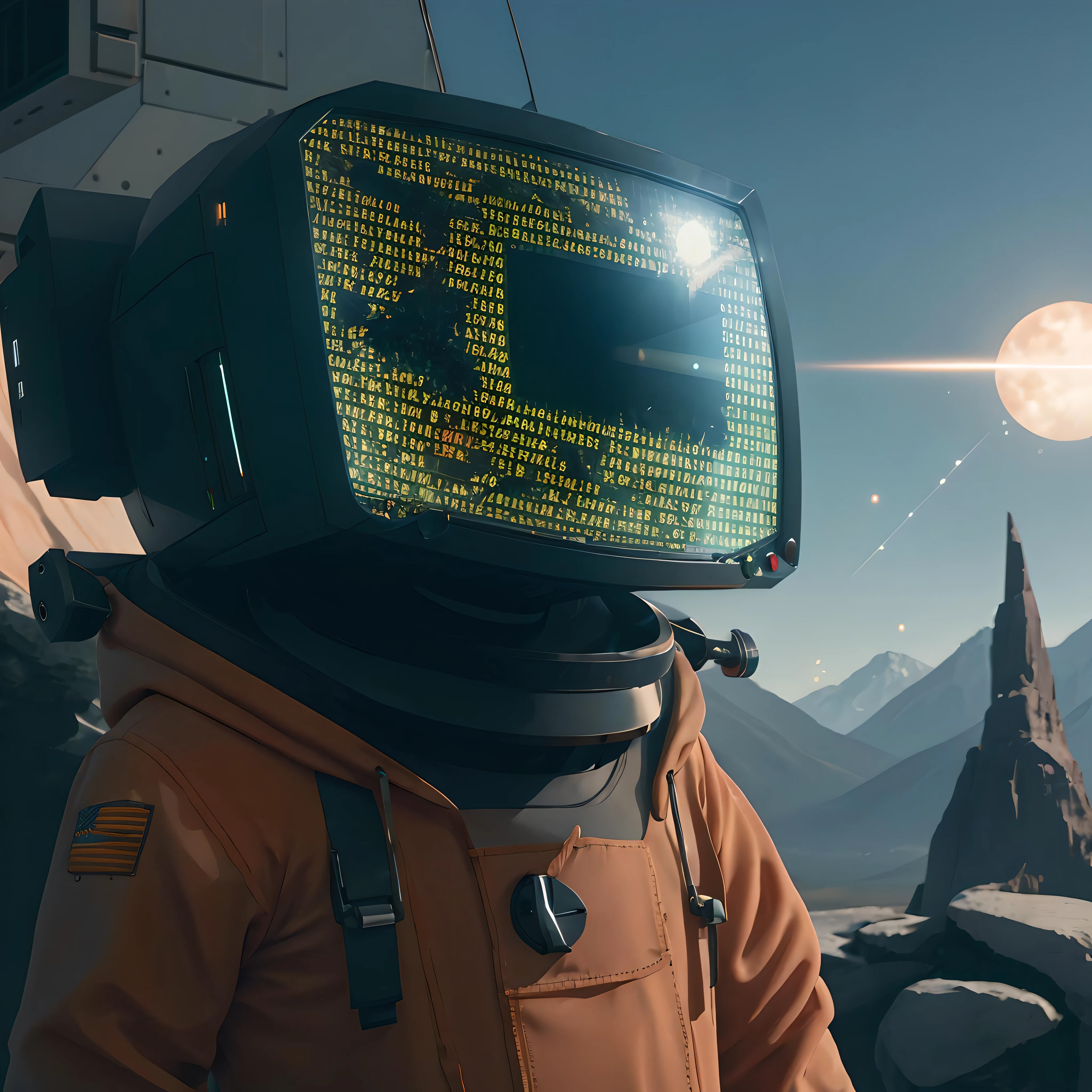(codebullet:1.2), 1girl, codebullet hoodie, front view, hood, (crt tv:1.3), rear angle, Highly detailed RAW color Photo, Rear Angle, Full Body, of (male space soldier, wearing orange and white space suit, helmet, tined face shield, rebreather, accentuated booty), outdoors, (looking up at advanced alien structure, on alien planet), toned body, (sci-fi), (mountains:1.1), (lush green vegetation), (two moons in sky:0.8), (highly detailed, hyperdetailed, intricate), (DAY TIME:1.2), (lens flare:0.7), (bloom:0.7), particle effects, raytracing, cinematic lighting, shallow depth of field, photographed on a Sony a9 II, 50mm wide angle lens, sharp focus, cinematic film still from Gravity 2013, photorealistic, extremely detailed 8k wallpaper