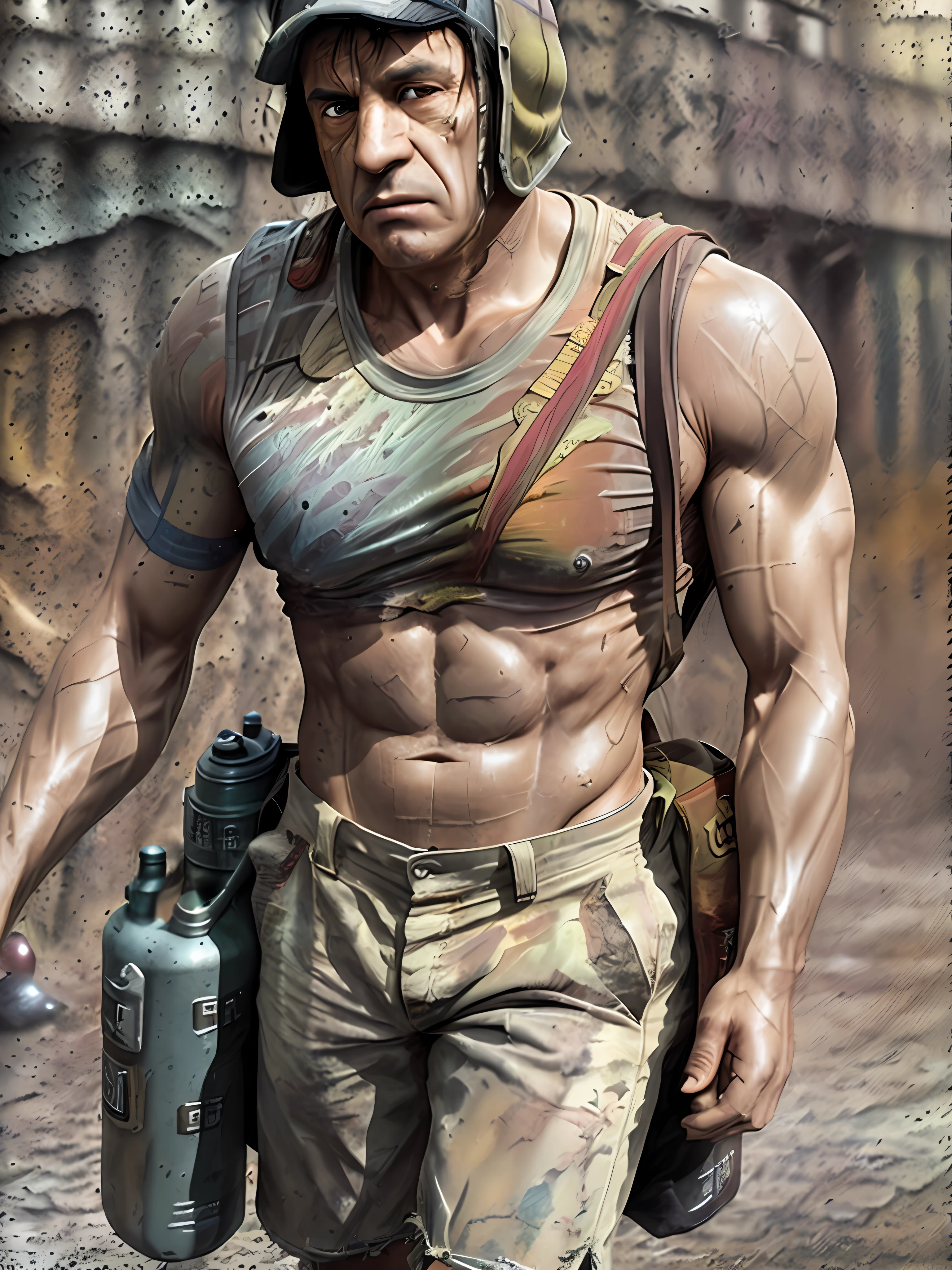 strong muscular man, street angry, backpack, epic realistic, photo, faded, complex stuff around, intricate background, soaking wet, neutral colors, ((((hdr)))), ((((muted colors)))), intricate scene, artstation, intricate details, vignette