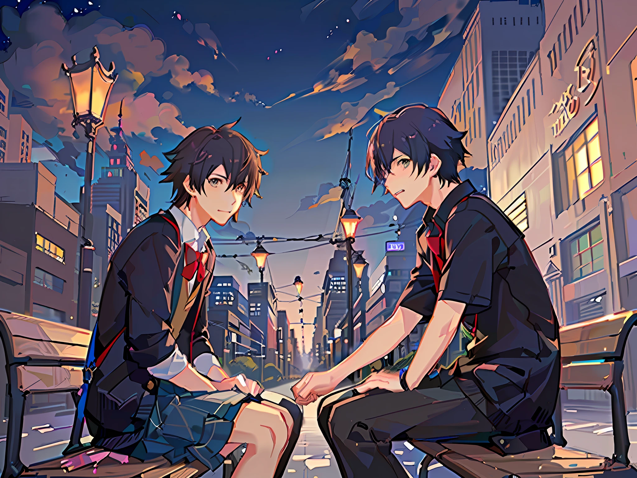 At night, two boys sit on a park bench, wearing high school uniforms, street lamps and full moon in the background, looking at each other affectionately, two school bags on the ground, blushing, rich and magical colors Guwiz and Makoto Shinkai, Guwiz and Makoto Shinkai