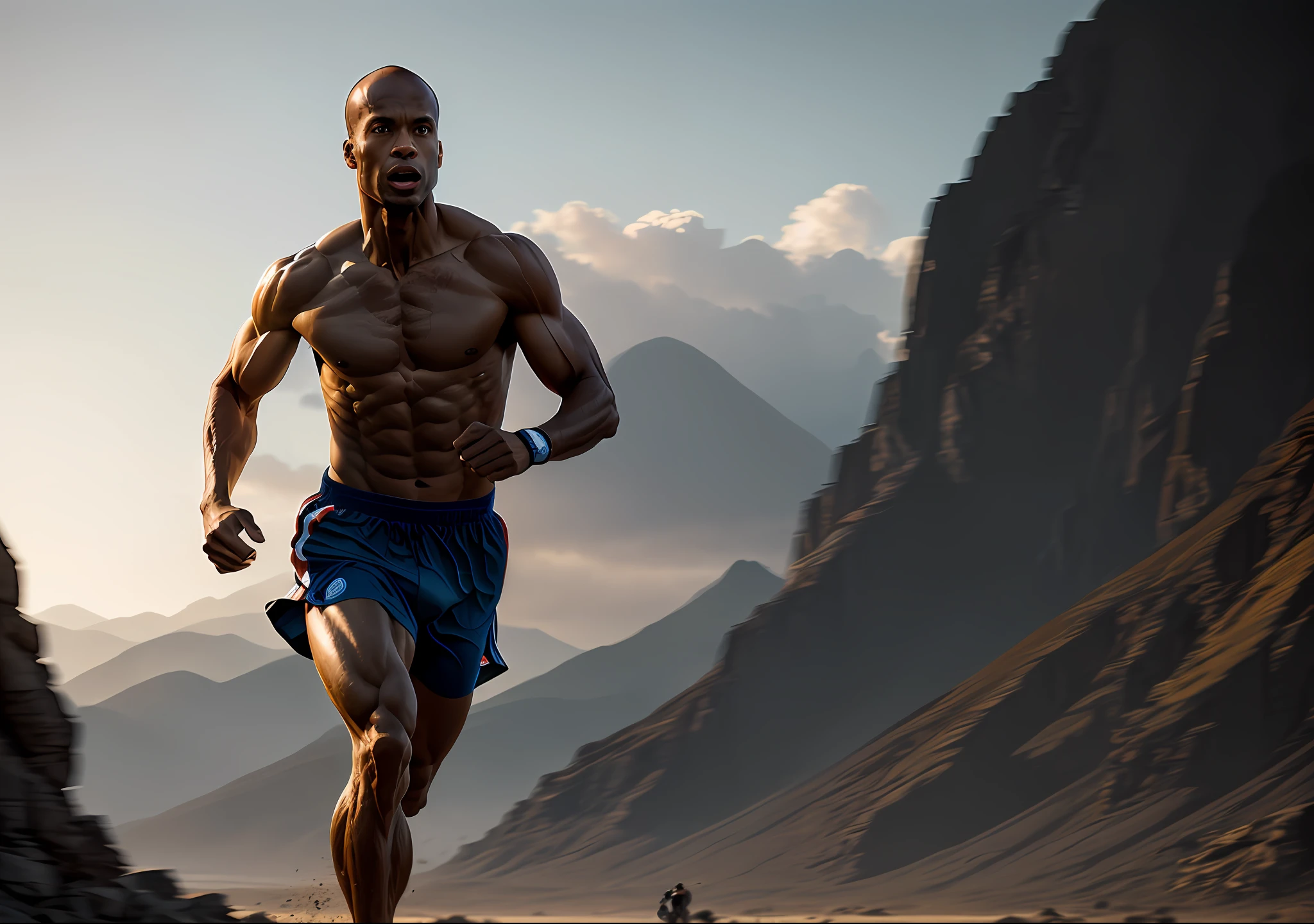 David Goggins RUNNING MARATHON SHIRTLESS, PHOTO clear: realistic epic, smooth cinematic portraiture, adobe lightroom, photographic lab, highly detailed, faded, art by greg rutkowski and artgerm ,neutral colors: 1,2), (hdr:1,4) , (soft colors:1.2), hyperdetailed, (artstation:1.4), cinematic, warm lights, dramatic light, (intricate details:1.1), complex background, (rutkowski:0.66), (blue and orange:0.4)