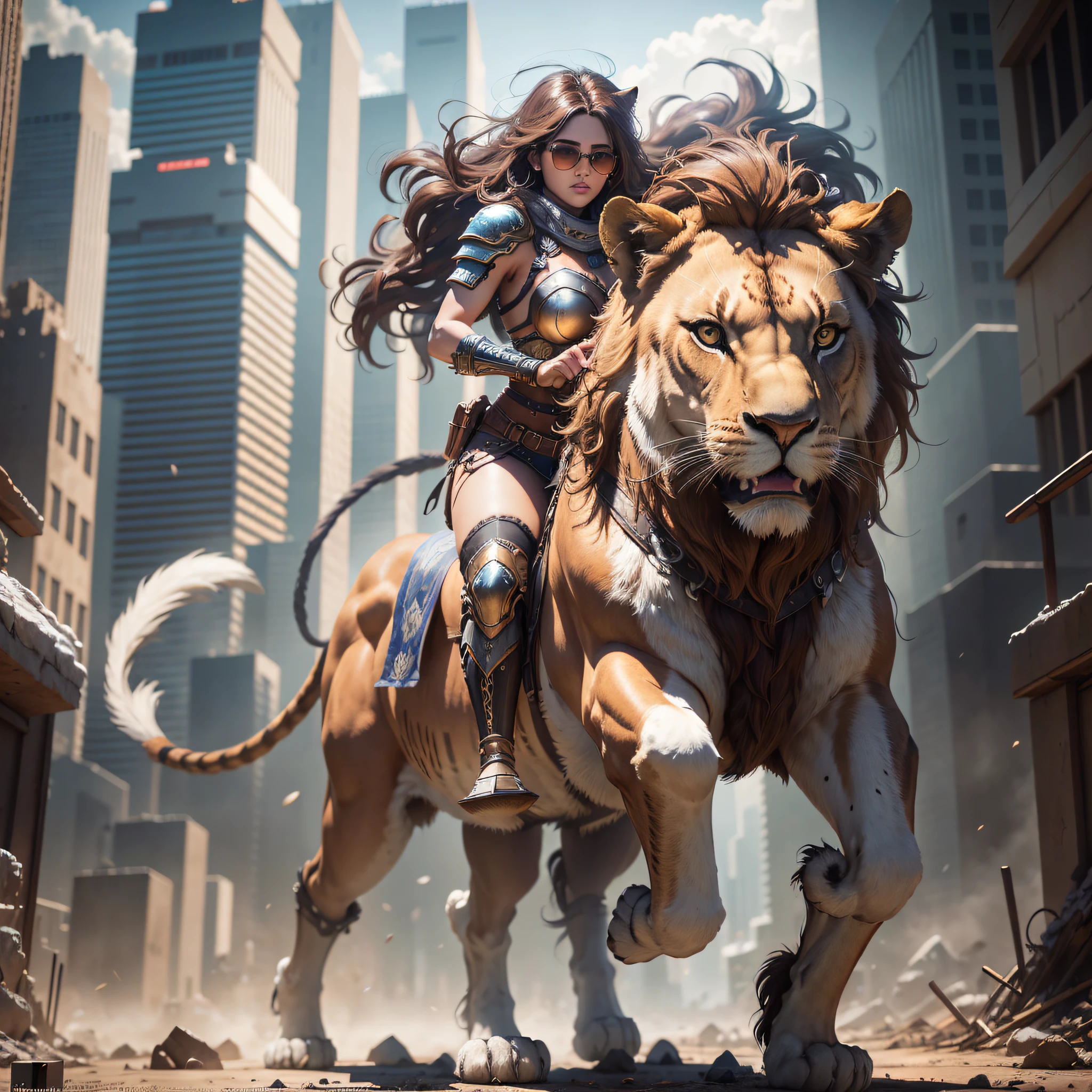 an ultra detailed hyper realistic photograph of a beautiful barbarian woman gorgeous brown hair riding a lion size proportions for ridingmuscular and strong, full body shot, futuristic, wearing sunglasses in a dystopian city, tattered outfit, long wild brown hair, detailed symmetrical eyes , detailed beautiful face, apocalyptic environment, exquisite details, 30 megapixels, 4k, Canon EOS 6D Mark IV DSLR, 55 mm lens, sharp full body focus, intricate details, long exposure time, f/8, ISO 100, shutter speed 1/125 shutter, diffused backlight, award-winning photography, front camera, looking at camera, monovisions, perfect contrast, high sharpness, cimetry imcorporeal, depth of field, ultradetailed photography, raytraced, global illumination, TanvirTamim, smooth, ultra high definition, 8k, iper realistic, full body image, engine 10, ultra sharp focus, award winning photography, trending on artstation --auto --s2