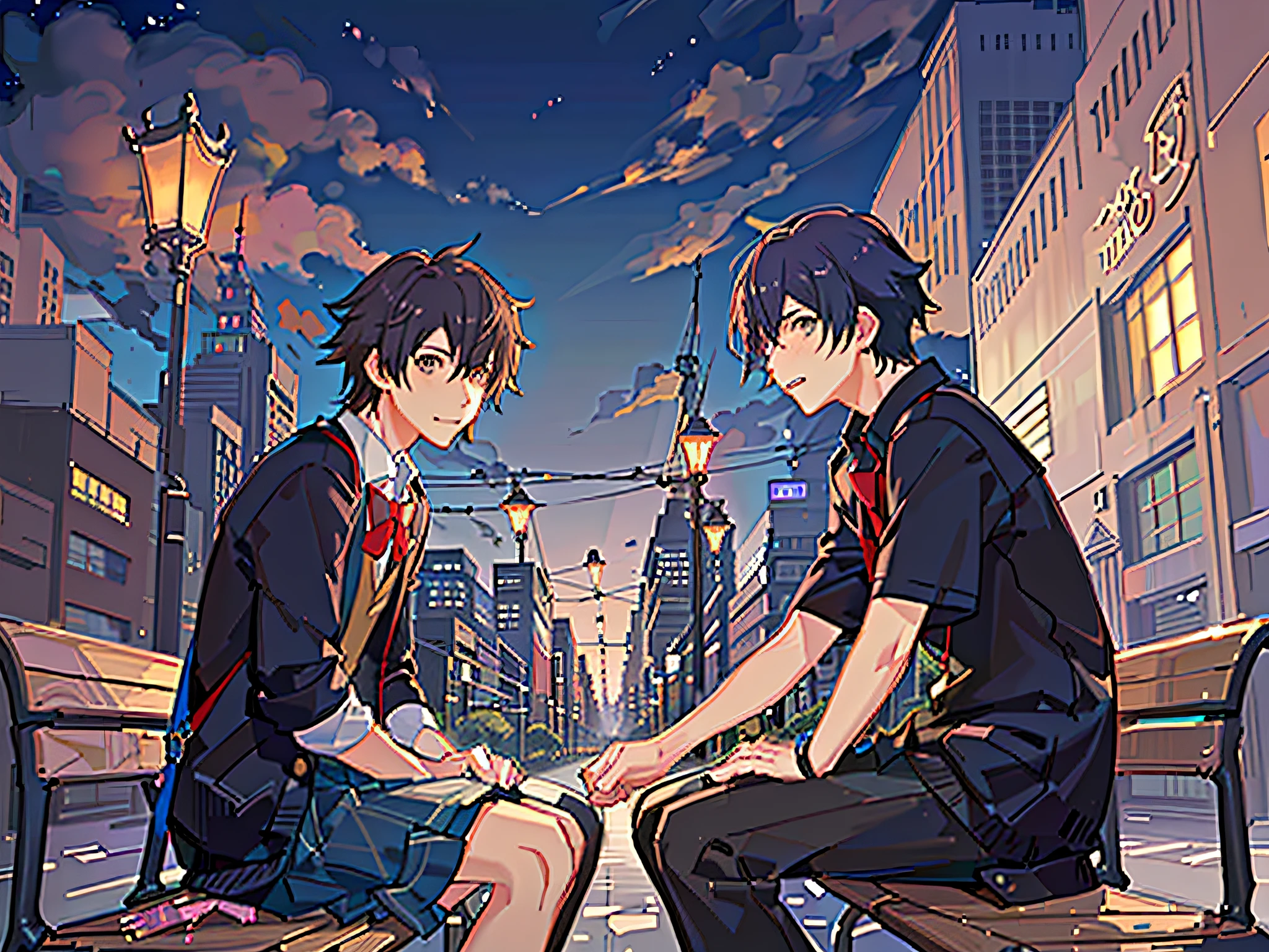 At night, two boys sit on a park bench, wearing high school uniforms, street lamps and full moon in the background, looking at each other affectionately, two school bags on the ground, blushing, rich and magical colors Guwiz and Makoto Shinkai, Guwiz and Makoto Shinkai