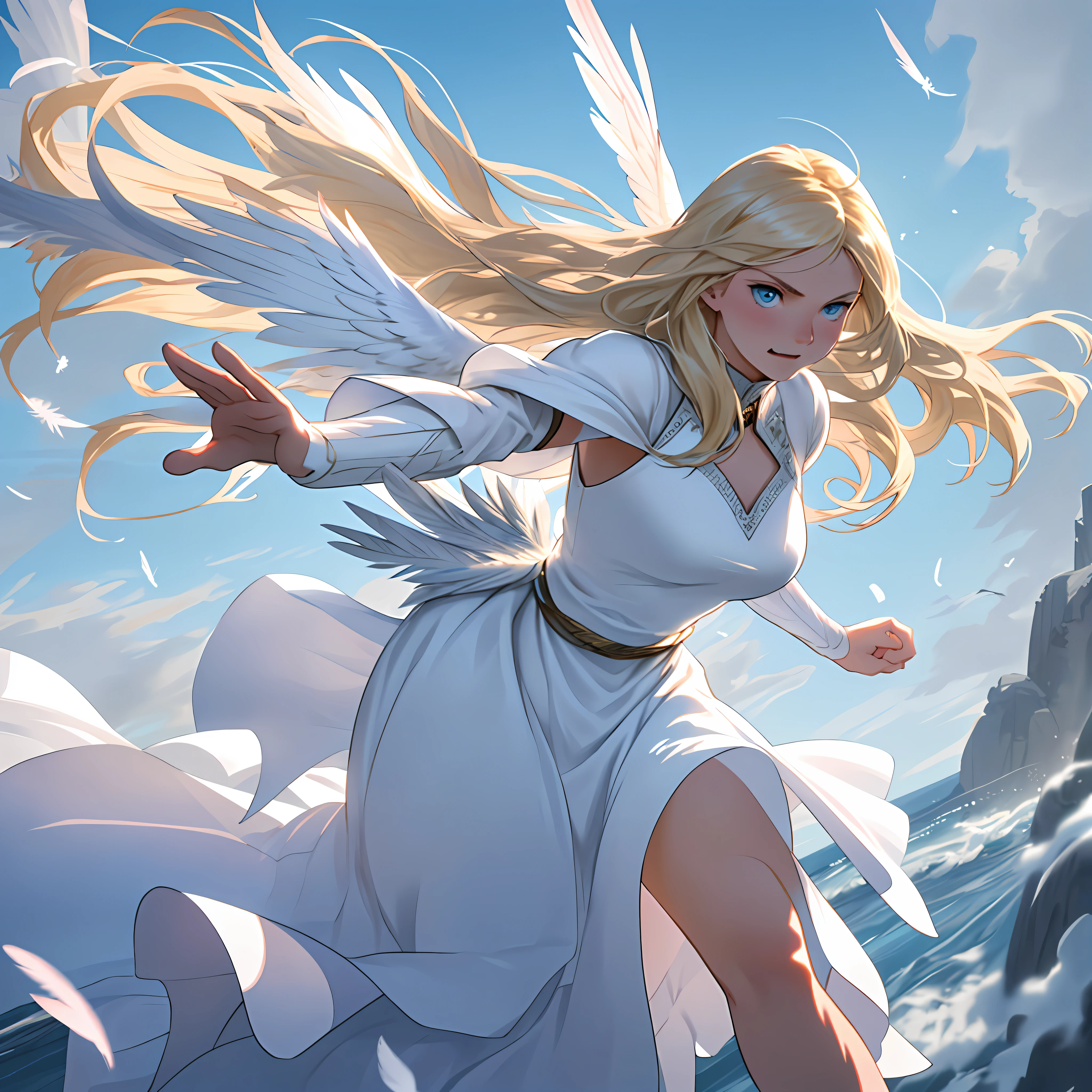 a 19-year-old girl with big light blonde hair, fair skin, white dress, blue eyes, young, feathered scenery, expression of fury, wind-swaying hair, pink mouth, IN SENSUALISM, feather power, heron, fighting pose