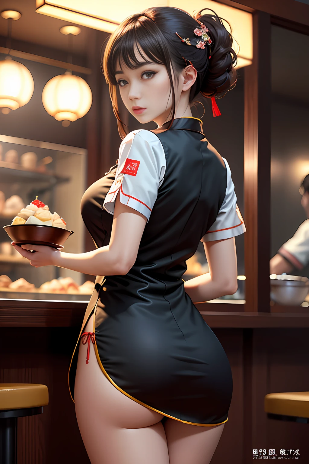 best quality, masterpiece, photo realistic, 8k, 4k, extreme res, ultra high res, dynamic lighting, real lighting, ulzzang-6500-v1.1:1.2, waitress looking backwards, holding dimsum, revealing cheongsam, panties, chinese restaurant background