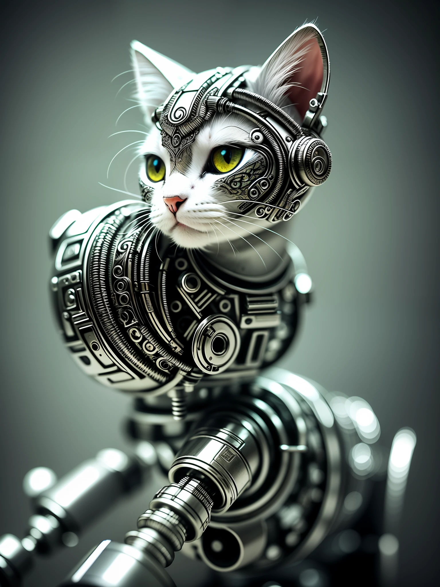 a cute kitten made out of metal, (cyborg:1.1), ([tail | detailed wire]:1.3), (intricate details), hdr, (intricate details, hyperdetailed:1.2), cinematic shot, vignette, centered