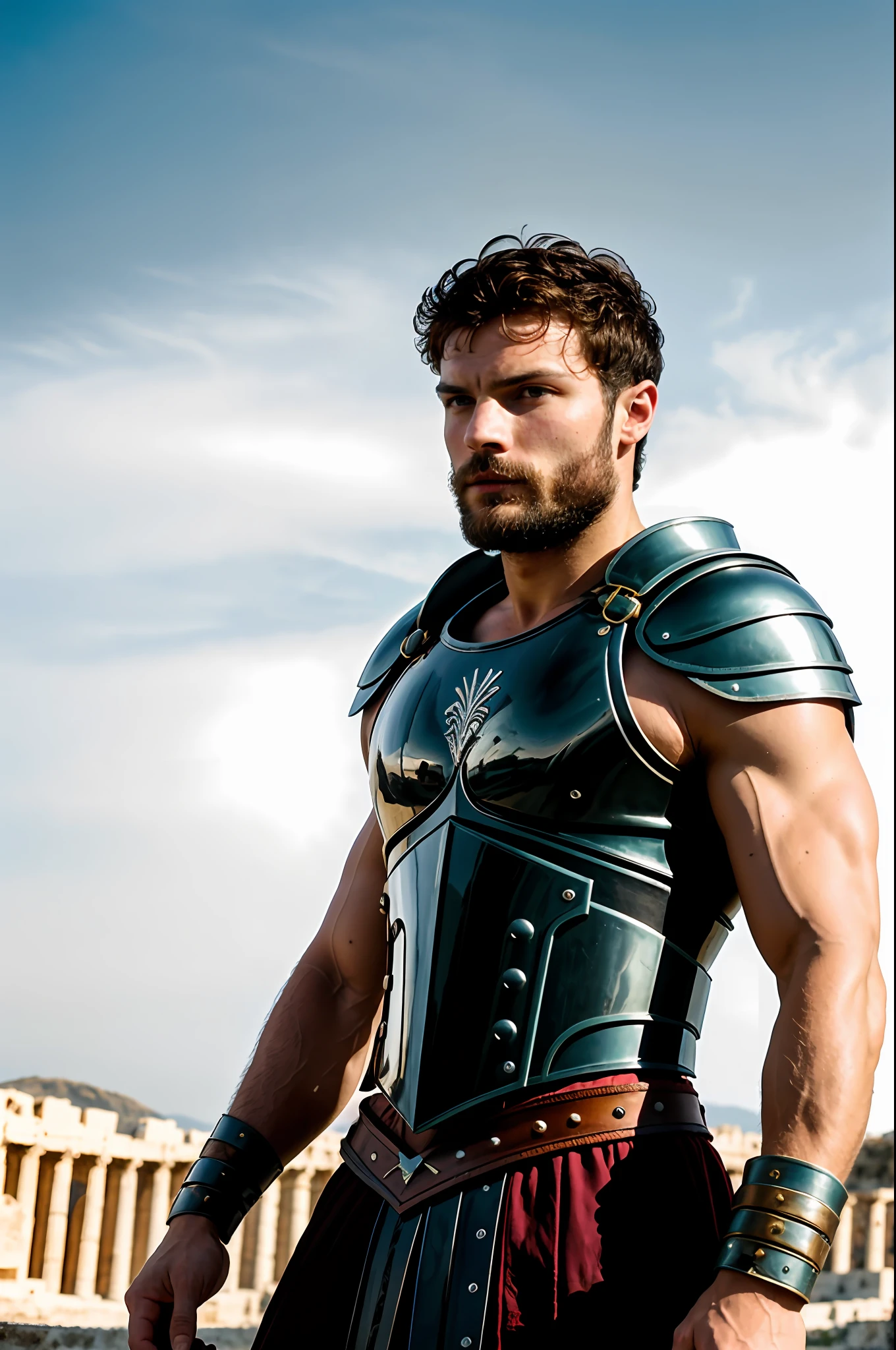 create a Gladiator), Greek God style, wearing Spartan armor, strong and muscular, Jamie Dornan, strong and muscular, (Moreno with model face), wearing dark beard, dark short hair, man similar to actor jamie dornan, (high quality and realistic image), sparta city background, cinematic style, ((Best quality, 8k, Masterpiece).
