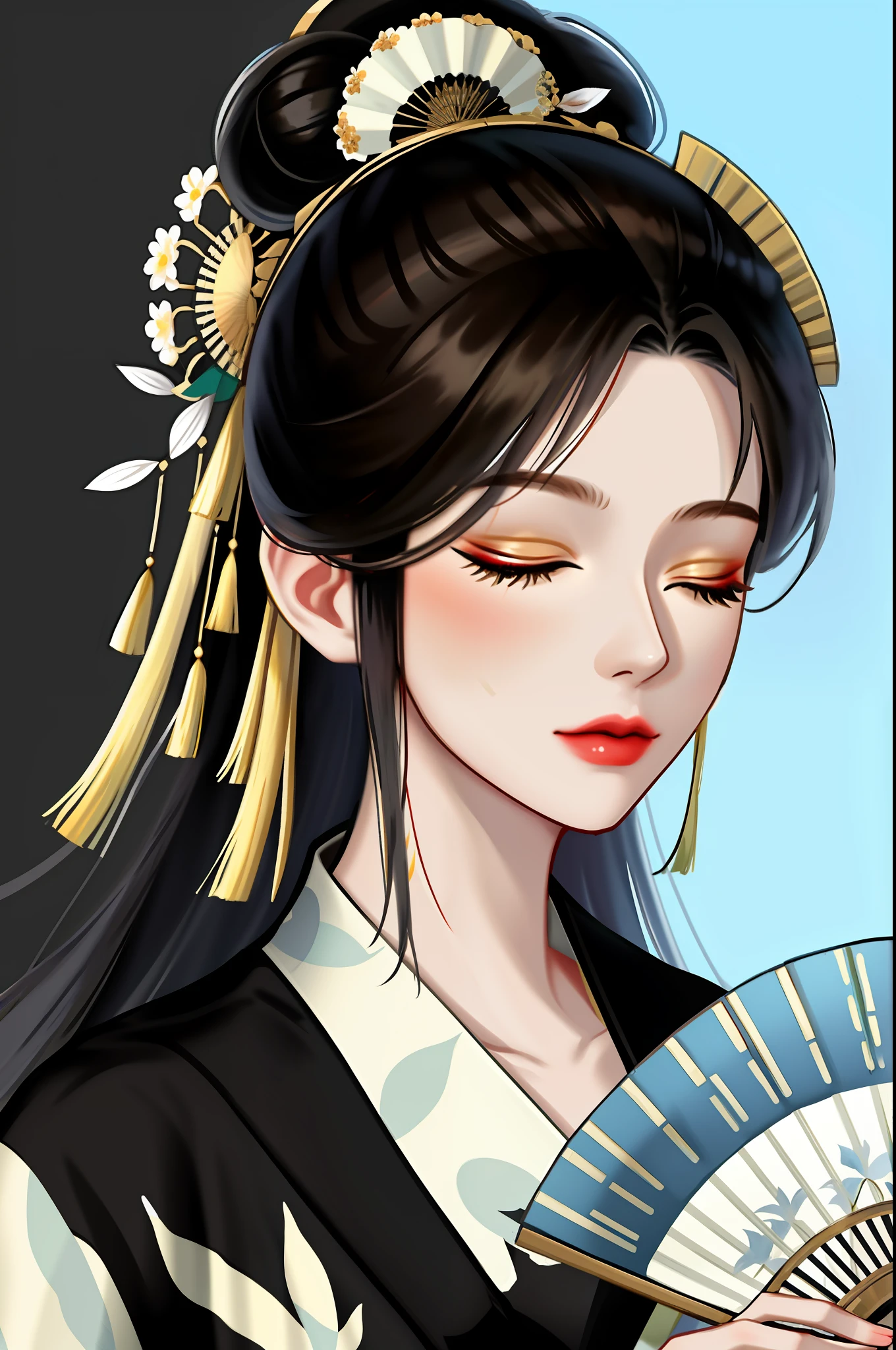 1girl, black hair, china dress, chinese clothes, closed eyes, closed mouth, dress, flower, hair bun, hair ornament, hand fan, holding, holding fan, makeup, painting \(medium\), paper fan, portrait, solo, watercolor \(medium\),fashi-g,
