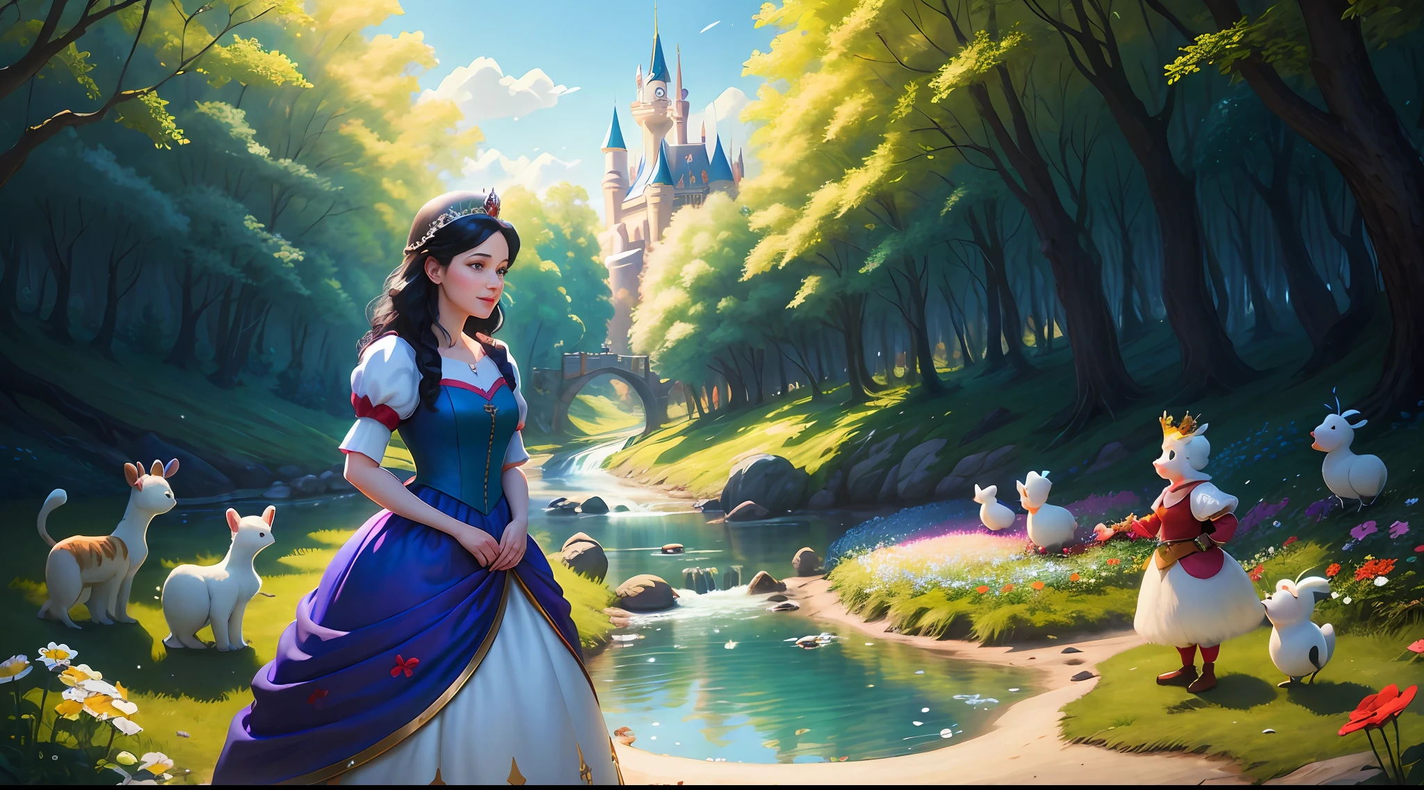 a middle-aged Disney Princess Snow White wearing a crown in the woods with many cute animals near her, dancing first-person view. Many flowers of various colors. A sunny day. with a river and a fairytale castle in the background. Walt Disney cartoon style., nervous, nervous smile, Wide-Angle, f/2.8, Canon, masterpiece