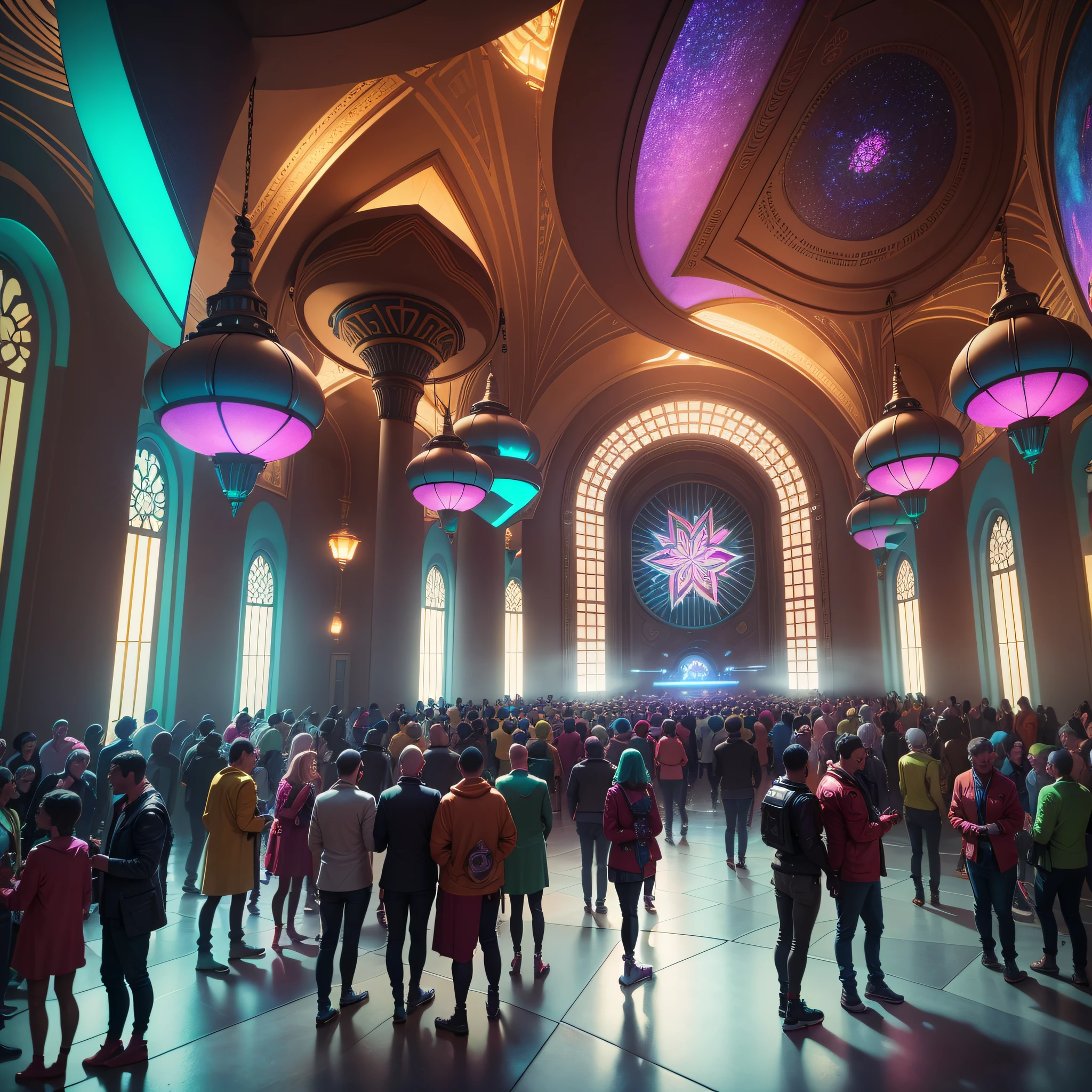 Create a gathering of people inside the interior of a futuristic, vault-shaped, festive-looking, ultra-realistic temple with vibrant colors, 4k, cinematic lighting, natural lighting, vibrant multicolored lighting, film grain, cinematic lighting, high detail, photoreal, photorealistic, volumetric lighting and shading --auto --s2