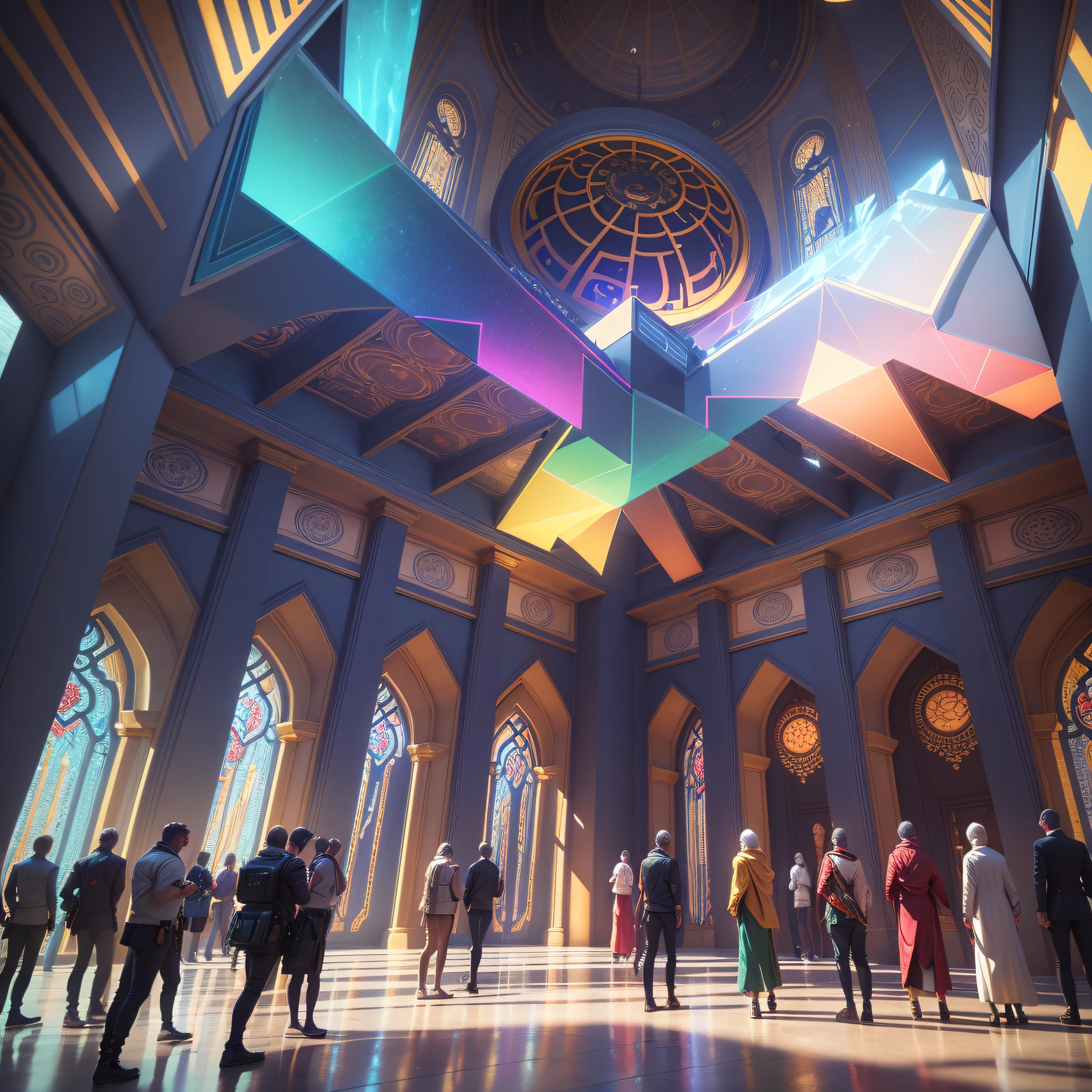 Create a gathering of people inside the interior of a futuristic, vault-shaped, festive-looking, ultra-realistic temple with vibrant colors, 4k, cinematic lighting, natural lighting, vibrant multicolored lighting, film grain, cinematic lighting, high detail, photoreal, photorealistic, volumetric lighting and shading --auto --s2