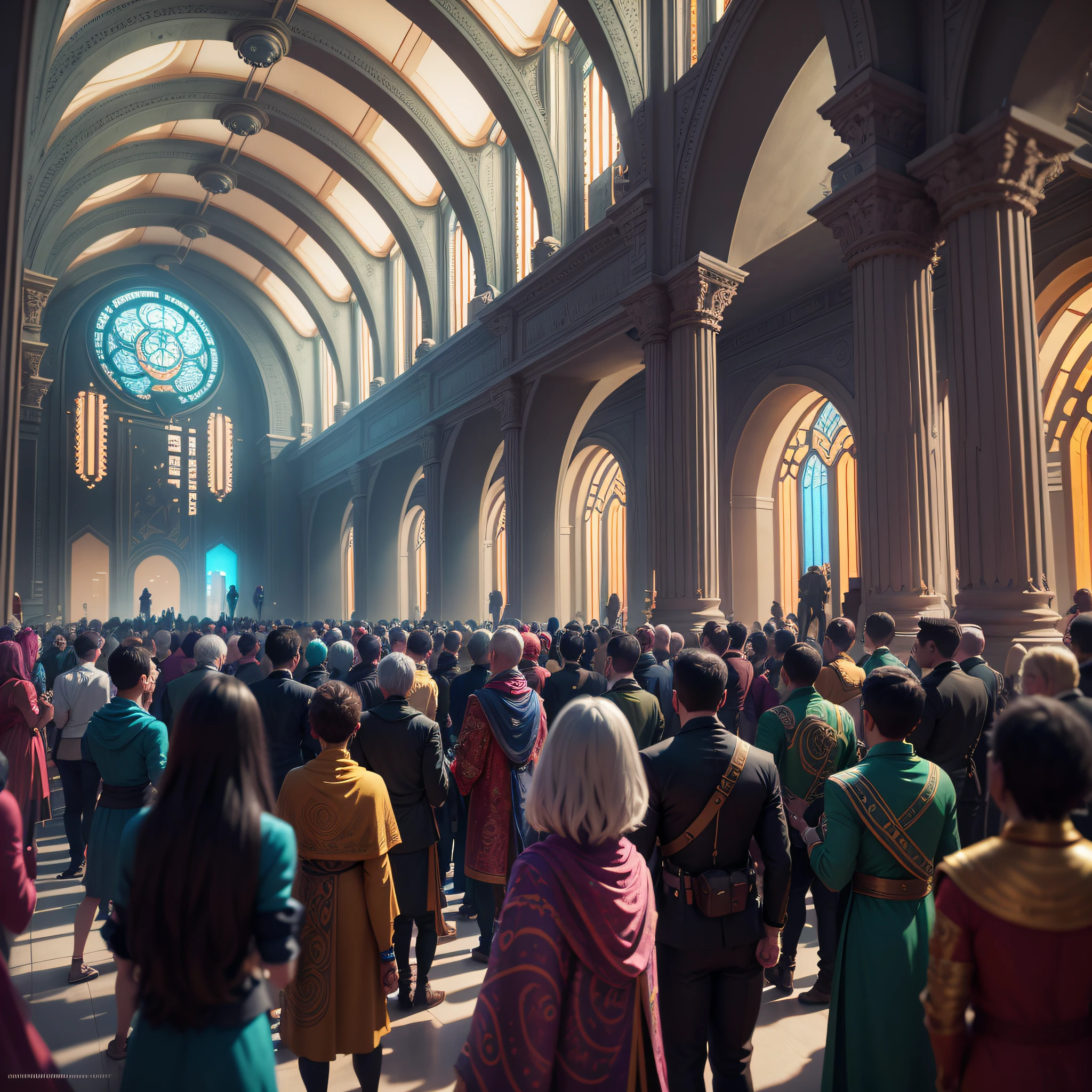 Create a gathering of people inside the interior of a futuristic, vault-shaped, festive-looking, ultra-realistic temple with vibrant colors, 4k, cinematic lighting, natural lighting, vibrant multicolored lighting, film grain, cinematic lighting, high detail, photoreal, photorealistic, volumetric lighting and shading --auto --s2