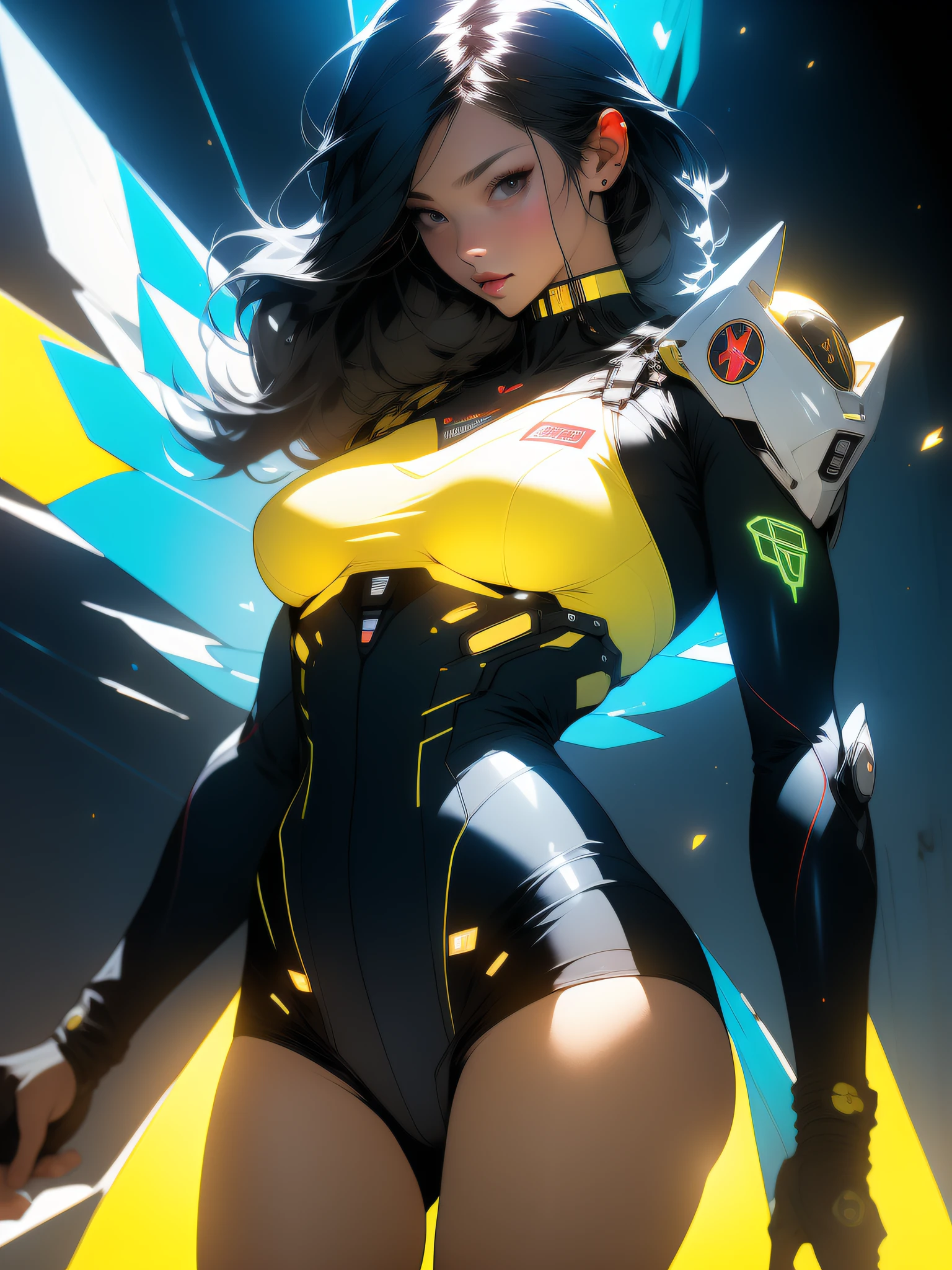 ((Best quality)), ((masterpiece)), (detailed: 1.4), (Absurd), Caucasian woman fighter pilot ready for war, perfect body, Trinity hair from The Matrix, defined muscles, bare half-thick thighs, closed mouth, only in panties, muscular body covered in technological clothing, Neon Genesis Evangelion style, cyberpunk, generous neckline, ((perfect large breasts)), (blue eyes without pupils), ((70% yellow clothing)),  (((super short black straight hair)))), (thin stripes covering breasts), (Psychedelic tattoo on the arms), ((drawings of a devil on the arms)), Australia, short underwear, garter belt, by mucha, niji --V5, close to real, psychopath, crazy face, sexy pose, background with a giant Gundam style Robot head, 2 piece clothing, shoulder pads with airplane wings,  pastel, centered, scale to fit dimensions, HDR (High Dynamic Range),Ray Tracing,NVIDIA RTX,Super-Resolution,Unreal 5,Subsurface dispersion, PBR texture, Post-processing, Anisotropic filtering, Depth of field, Maximum clarity and sharpness, Multilayer textures, Albedo and specular maps, Surface shading, Accurate simulation of light-material interaction, Perfect proportions, Octane Render, Two-tone lighting, Wide aperture,  Low ISO, White balance, Rule of thirds, 8K RAW, crysisnanosuit