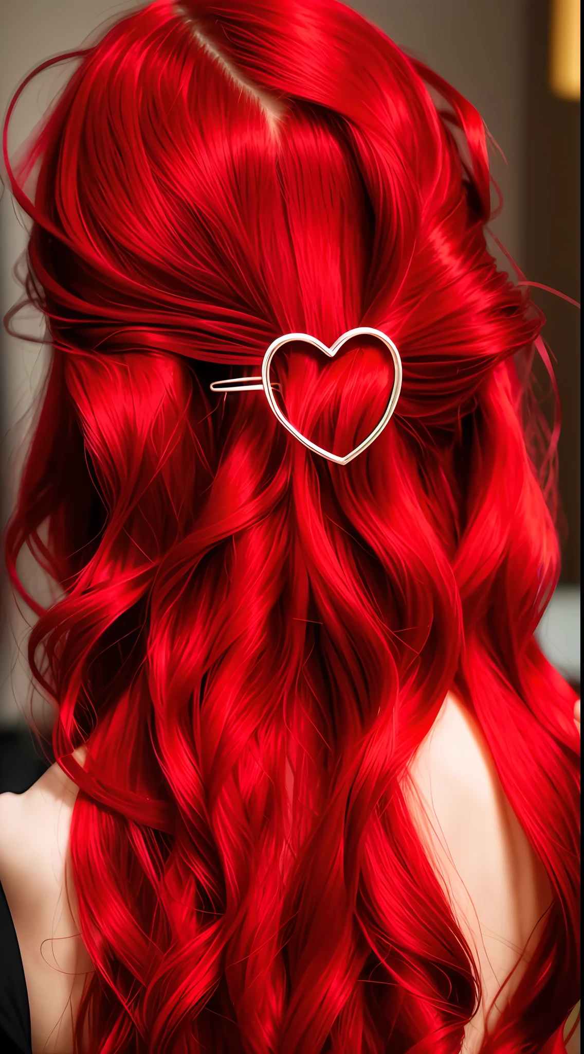 Photograph of a woman with long red hair wearing a heart-shaped hairpin, rear view