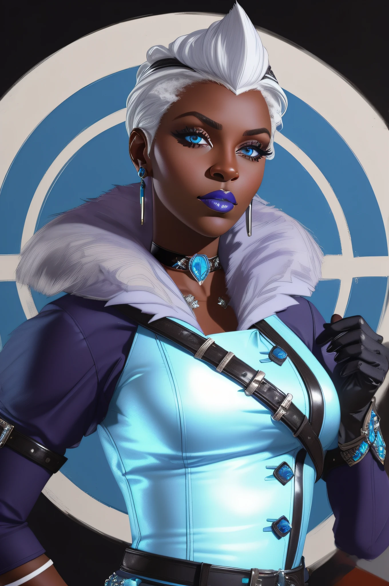 aurelia hammerlock, masterpiece, best quality, 1girl, solo, makeup, earrings, gloves, jewelry, white hair, lipstick, eyeshadow, upper body, white gloves, character name, fur trim, skull, blue eyes, dark skin, dark-skinned female, choker, parody, short hair