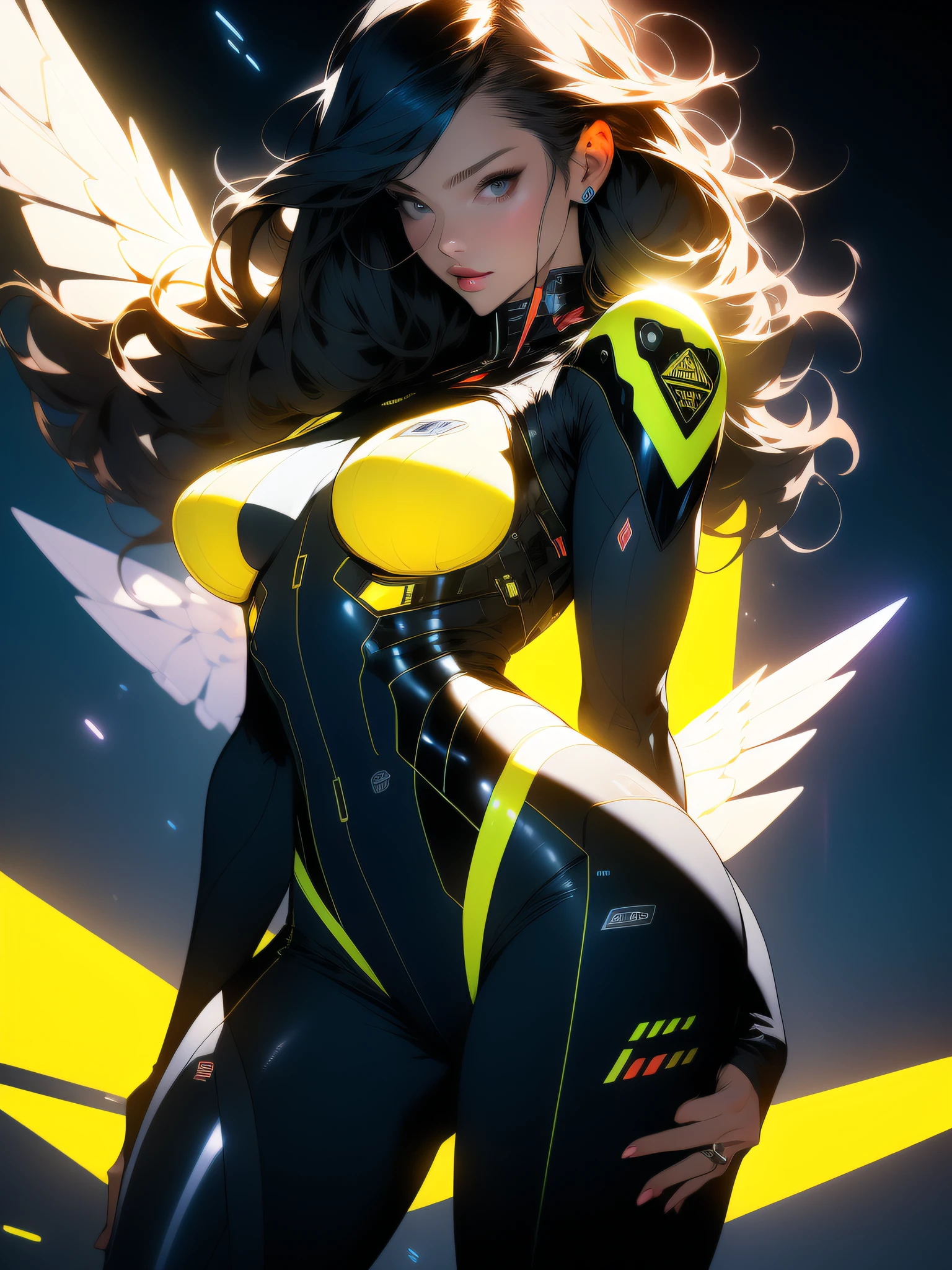 ((Best quality)), ((masterpiece)), (detailed: 1.4), (Absurd), Caucasian woman fighter pilot ready for war, perfect body, Trinity hair from The Matrix, defined muscles, bare half-thick thighs, closed mouth, only in panties, muscular body covered in technological clothing, Neon Genesis Evangelion style, cyberpunk, generous neckline, ((perfect large breasts)), (blue eyes without pupils), ((70% yellow clothing)), (((super short black straight hair)))), (thin stripes covering breasts), (Psychedelic tattoo on the arms), ((drawings of a devil on the arms)), Australia, short underwear, garter belt, by mucha, niji --V5, close to real, psychopath, crazy face, sexy pose, background with a giant Gundam style Robot head, 2 piece clothing, shoulder pads with airplane wings, pastel, centered, scale to fit dimensions, HDR (High Dynamic Range),Ray Tracing,NVIDIA RTX,Super-Resolution,Unreal 5,Subsurface dispersion, PBR texture, Post-processing, Anisotropic filtering, Depth of field, Maximum clarity and sharpness, Multilayer textures, Albedo and specular maps, Surface shading, Accurate simulation of light-material interaction, Perfect proportions, Octane Render, Two-tone lighting, Wide aperture, Low ISO, White balance, Rule of thirds, 8K RAW, crysisnanosuit