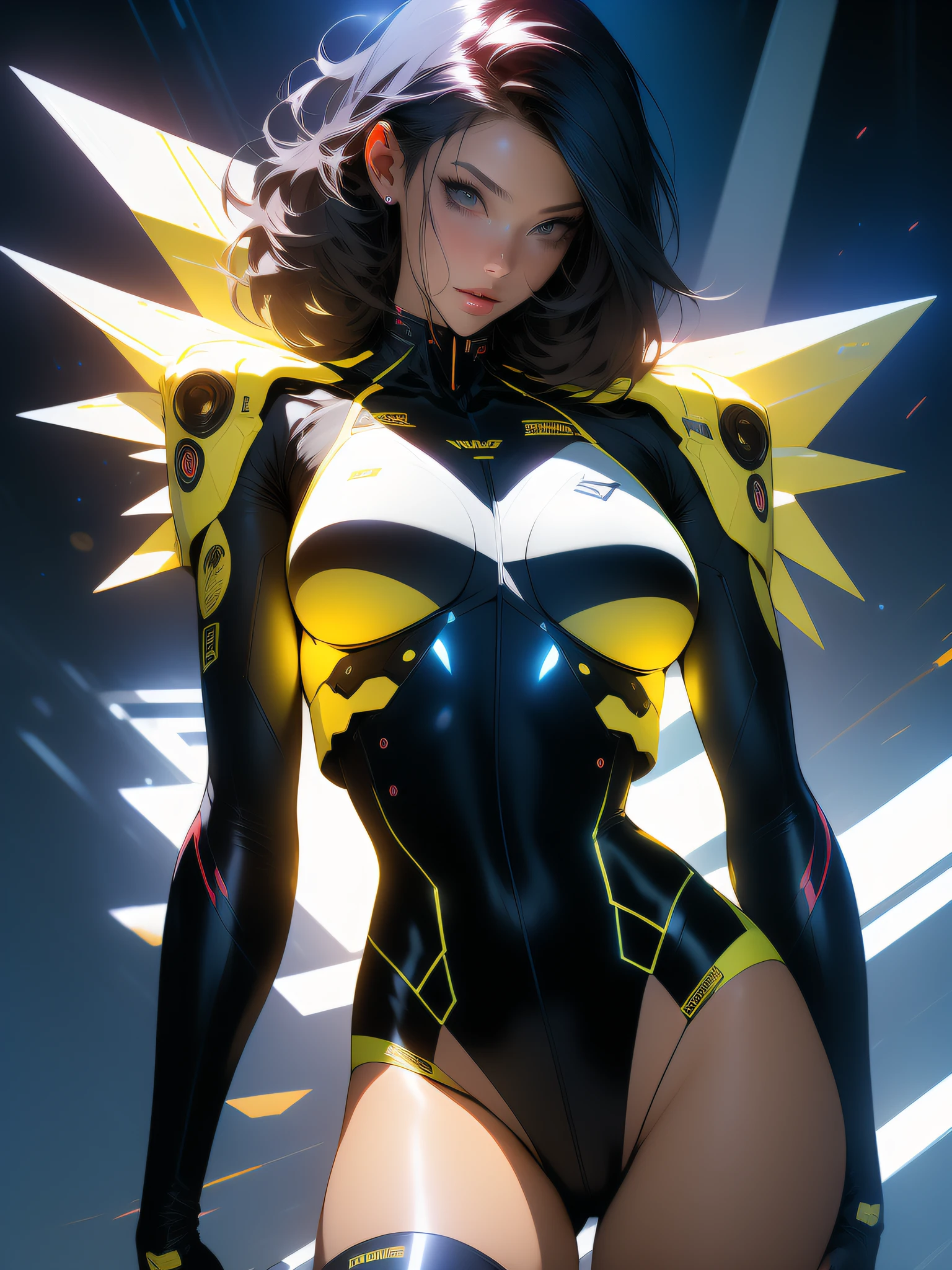 ((Best quality)), ((masterpiece)), (detailed: 1.4), (Absurd), Caucasian woman fighter pilot ready for war, perfect body, Trinity hair from The Matrix, defined muscles, bare half-thick thighs, closed mouth, only in panties, muscular body covered in technological clothing, Neon Genesis Evangelion style, cyberpunk, generous neckline, ((perfect large breasts)), (blue eyes without pupils), ((70% yellow clothing)), (((super short black straight hair)))), (thin stripes covering breasts), (Psychedelic tattoo on the arms), ((drawings of a devil on the arms)), Australia, short underwear, garter belt, by mucha, niji --V5, close to real, psychopath, crazy face, sexy pose, background with a giant Gundam style Robot head, 2 piece clothing, shoulder pads with airplane wings, pastel, centered, scale to fit dimensions, HDR (High Dynamic Range),Ray Tracing,NVIDIA RTX,Super-Resolution,Unreal 5,Subsurface dispersion, PBR texture, Post-processing, Anisotropic filtering, Depth of field, Maximum clarity and sharpness, Multilayer textures, Albedo and specular maps, Surface shading, Accurate simulation of light-material interaction, Perfect proportions, Octane Render, Two-tone lighting, Wide aperture, Low ISO, White balance, Rule of thirds, 8K RAW, crysisnanosuit