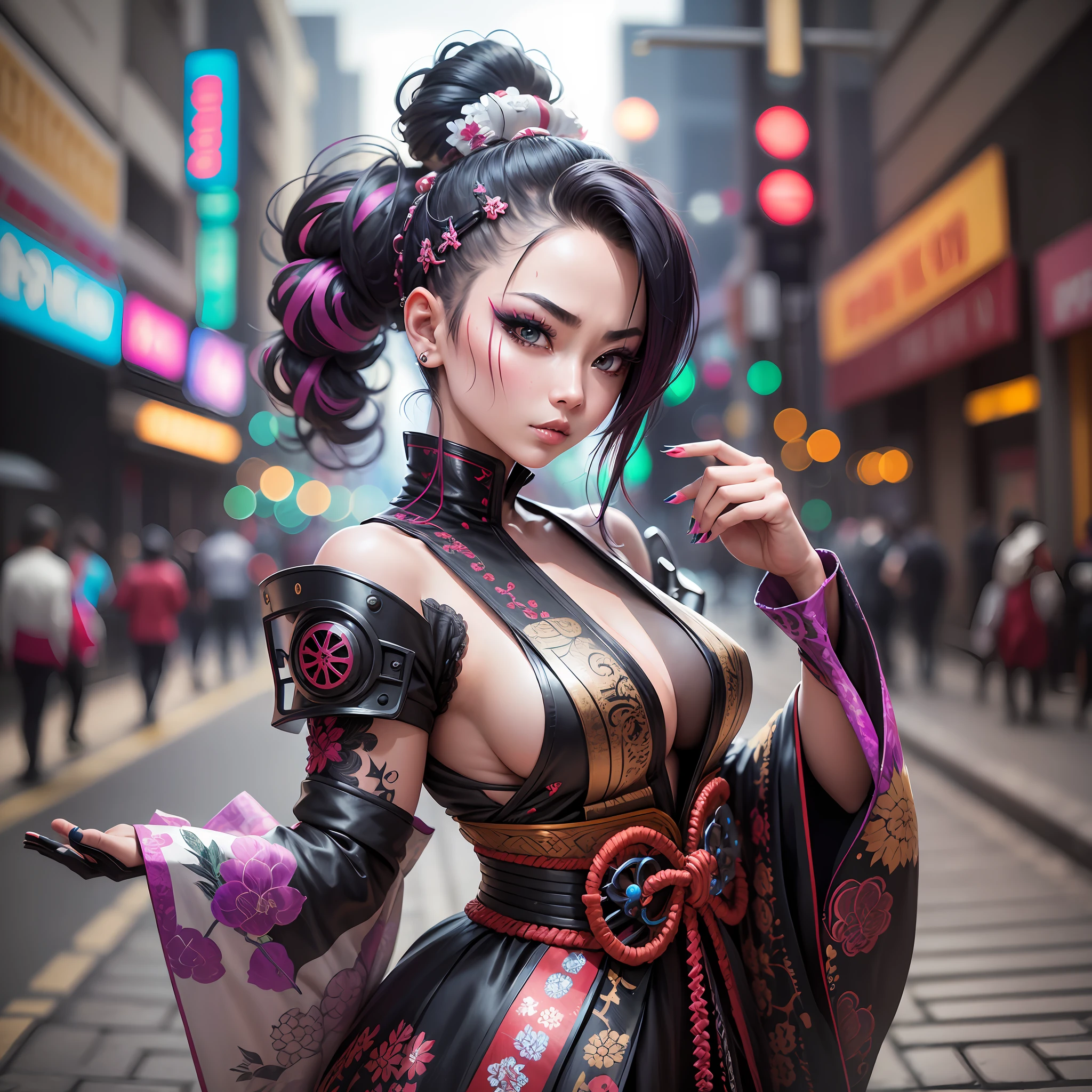 female cyberpunk Kabuki dancer in street, wearing insanely detailed and intricate Kabuki mask and hyper maximalist, elegant, ultra-detailed, intricately detailed, Cyberpunk kimono armor, intricate and detailed Cyberpunk kabuki updo hairstyle, Photoshoot, 25mm lens, Depth of Field, Tilt Blur, Shutter Speed 1/100, F/22, White Balance, 32k, Super-Resolution --auto --s2