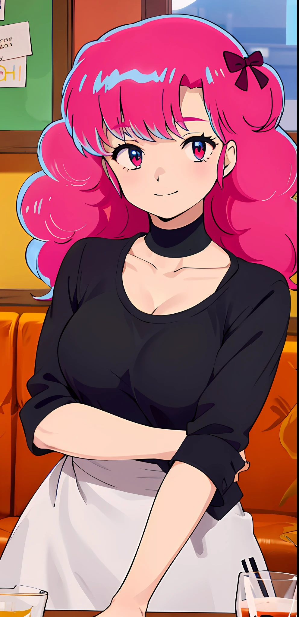 UruRan, smile, 1girl, black shirt, cafe, upper body, cleavage, looking at viewer