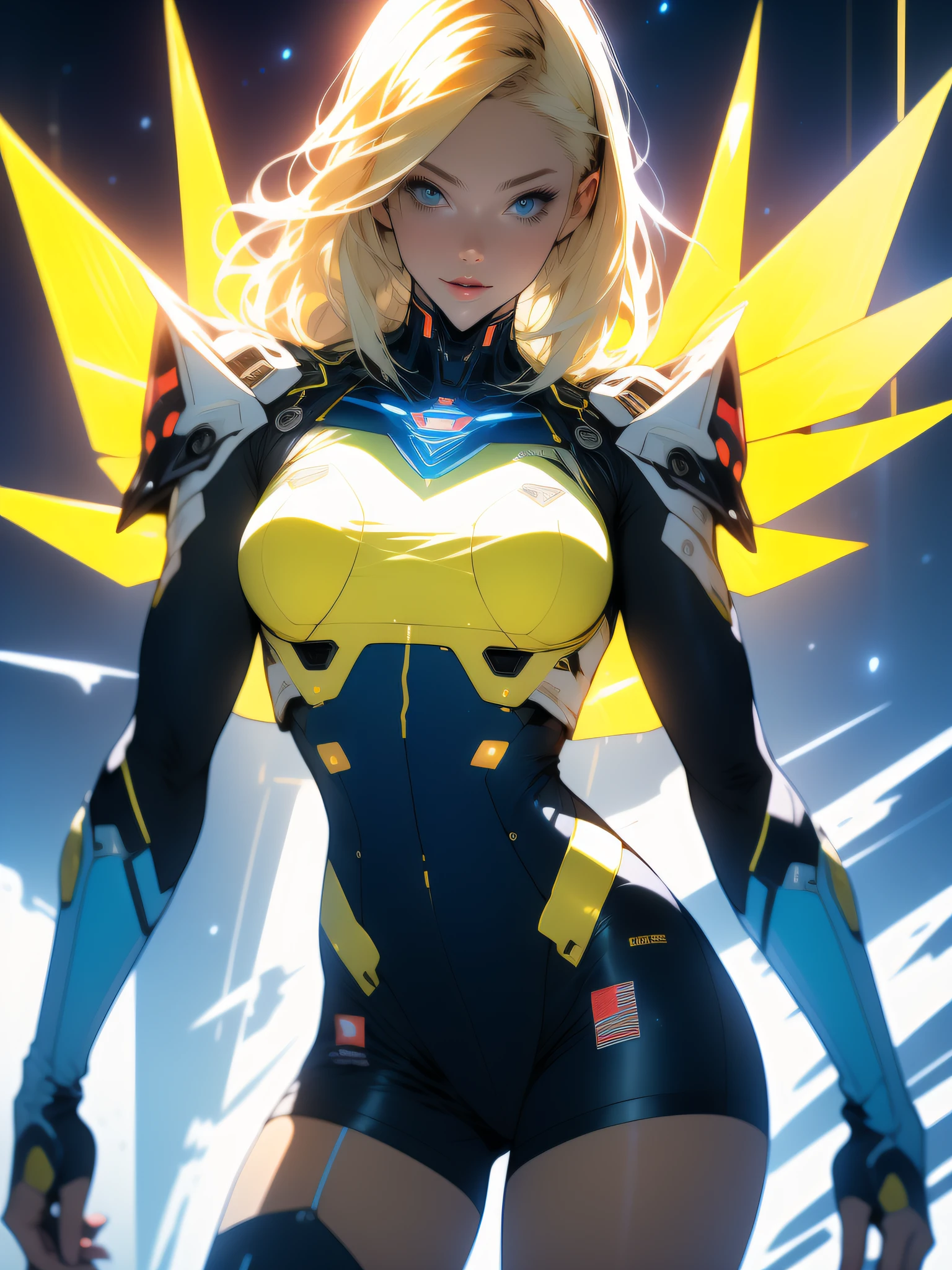((Best quality)), ((masterpiece)), (detailed: 1.4), (Nonsense), Caucasian woman fighter pilot ready for war, perfect body, Trinity hair from The Matrix, defined muscles, bare half-thick thighs, closed mouth, only in panties, include stars in clothing, muscular body covered by technological clothing, Neon Genesis Evangelion style, cyberpunk, generous neckline, ((perfect large breasts)), (blue eyes without pupils), ((70% yellow clothing)), (((super short blonde straight hair)))), (thin stripes covering breasts), (Psychedelic tattoo on arms), ((drawings of a devil on arms)), Australia, short underwear, garter belt, by mucha, niji --V5, close to real, psychopath, crazy face, sexy pose, background with a giant Gundam style robot head, 2 piece clothing, shoulder pads with airplane wings, pastel, centered, scale to fit dimensions, HDR (High Dynamic Range),Ray Tracing,NVIDIA RTX,Super-Resolution,Unreal 5,Subsurface dispersion, PBR texture, Post-processing, Anisotropic filtering, Depth of field, Maximum clarity and sharpness, Multilayer textures, Albedo and specular maps, Surface shading, Accurate simulation of light-material interaction, Perfect proportions, Octane Render, Two-tone lighting, Wide aperture, Low ISO, White balance, Rule of thirds, 8K RAW, crysisnanosuit