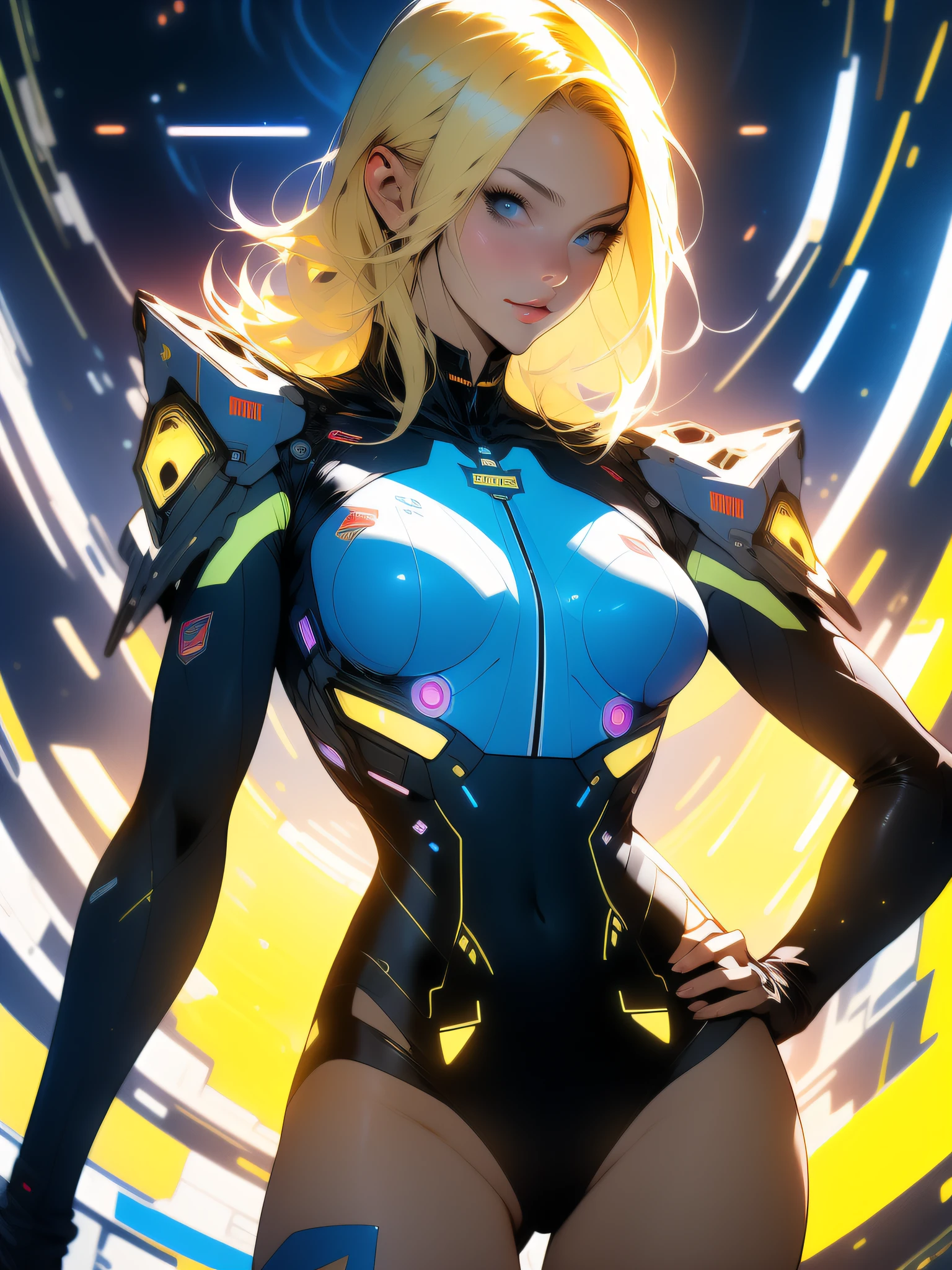 ((Best quality)), ((masterpiece)), (detailed: 1.4), (Nonsense), Caucasian woman fighter pilot ready for war, perfect body, Trinity hair from The Matrix, defined muscles, bare half-thick thighs, closed mouth, only in panties, include stars in clothing, muscular body covered by technological clothing, Neon Genesis Evangelion style, cyberpunk, generous neckline, ((perfect large breasts)), (blue eyes without pupils),  ((70% yellow clothing)), (((super short blonde straight hair)))), (thin stripes covering breasts), (Psychedelic tattoo on arms), ((drawings of a devil on arms)), Australia, short underwear, garter belt, by mucha, niji --V5, close to real, psychopath, crazy face, sexy pose, background with a giant Gundam style robot head, 2 piece clothing, shoulder pads with airplane wings,  pastel, centered, scale to fit dimensions, HDR (High Dynamic Range),Ray Tracing,NVIDIA RTX,Super-Resolution,Unreal 5,Subsurface dispersion, PBR texture, Post-processing, Anisotropic filtering, Depth of field, Maximum clarity and sharpness, Multilayer textures, Albedo and specular maps, Surface shading, Accurate simulation of light-material interaction, Perfect proportions, Octane Render, Two-tone lighting, Wide aperture,  Low ISO, White balance, Rule of thirds, 8K RAW, crysisnanosuit