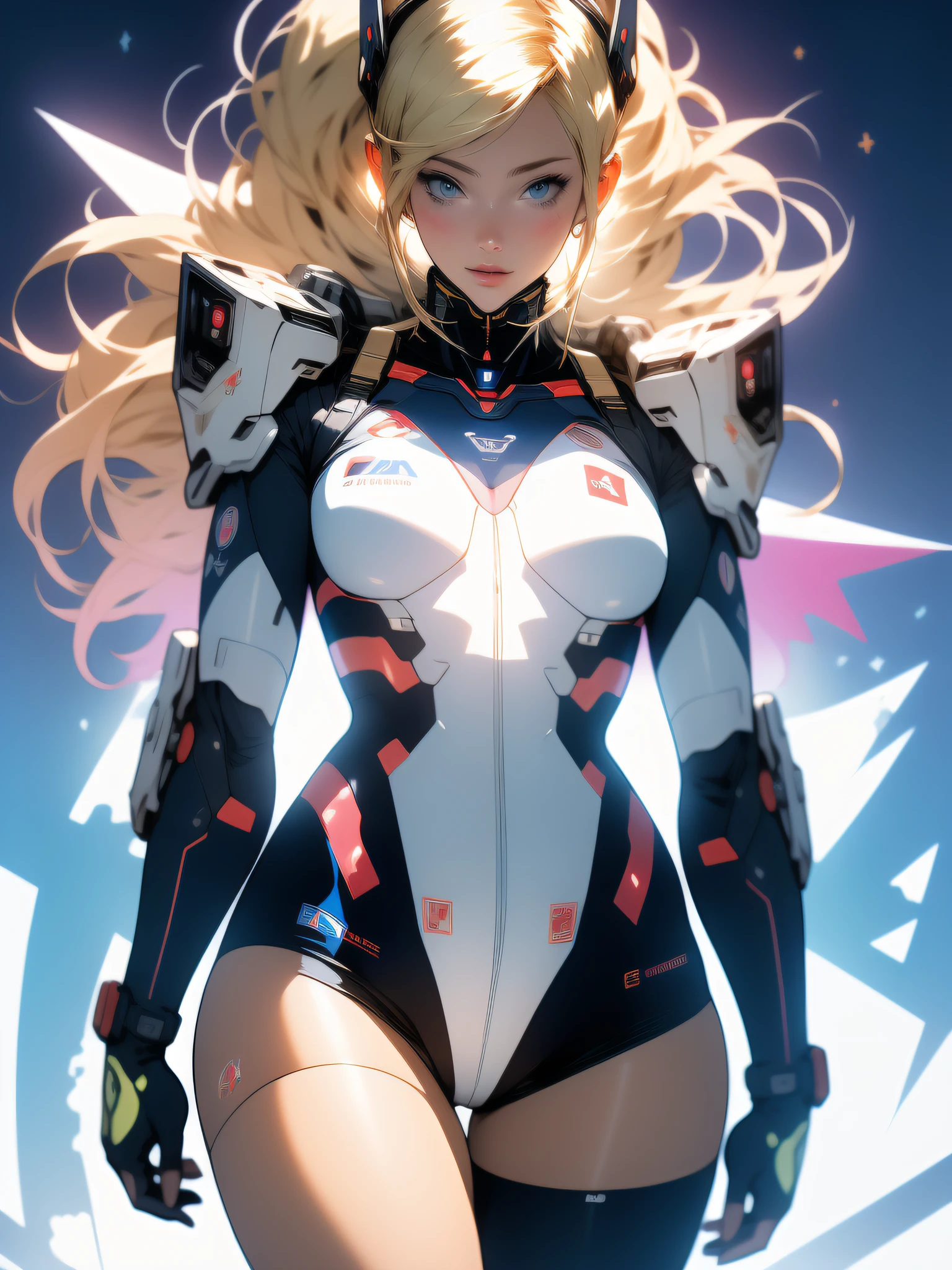 ((Best quality)), ((masterpiece)), (detailed: 1.4), (Nonsense), Caucasian female fighter pilot ready for war, perfect body, wearing a bandana on her head, defined muscles, half thick bare thighs, closed mouth, only in panties, include stars in clothing, muscular body covered by technological clothing, Neon Genesis Evangelion style, cyberpunk, generous neckline, ((perfect large breasts)), (blue eyes without pupils),  ((clothing in the colors of the flag of Australia)), (((blonde hair)))), (thin stripes covering the breasts), (Psychedelic tattoo on the arms), ((drawings of a devil on the arms)), Australia, short underwear, garter belt, by mucha, niji --V5, close to real, psychopath, crazy face, sexy pose, background with a giant Gundam style robot head, 2 pieces clothing,  shoulder pads with airplane wings, pastel, centered, scale to fit dimensions, HDR (High Dynamic Range),Ray Tracing,NVIDIA RTX,Super-Resolution,Unreal 5,Subsurface dispersion, PBR texture, Post-processing, Anisotropic filtering, Depth of field, Maximum clarity and sharpness, Multilayer textures, Albedo and specular maps, Surface shading, Accurate simulation of light-material interaction, Perfect proportions, Octane Render, Two-tone lighting,  Wide aperture, Low ISO, White balance, Rule of thirds, 8K RAW, crysisnanosuit