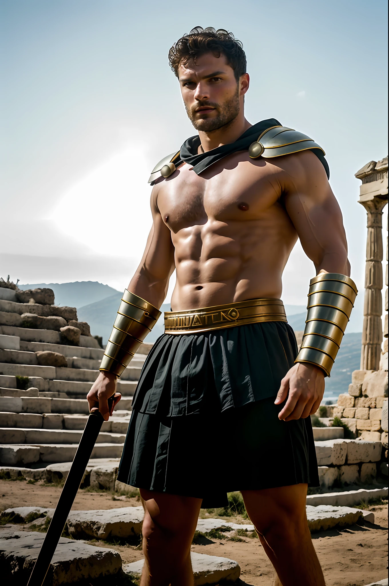 create a Gladiator), Greek God style, wearing Spartan armor, strong and muscular, Jamie Dornan, strong and muscular, (Moreno with model face), wearing dark beard, dark short hair, man similar to actor jamie dornan, (high quality and realistic image), sparta city background, cinematic style, ((Best quality, 8k, Masterpiece).