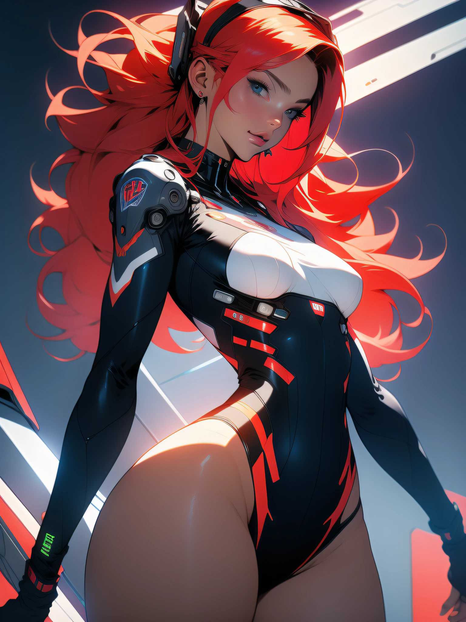 ((Best quality)), ((masterpiece)), (detailed: 1.4), (Absurd), Fighter pilot Caucasian woman ready for war, perfect body, back, perfect ass, wearing a bandana on her head, defined muscles, half thick naked thighs, closed mouth, only in panties, include stars in clothing, muscular body covered by technological clothing, Neon Genesis Evangelion style, cyberpunk, generous neckline, ((perfect large breasts)), (blue eyes without pupils), ((clothing in the colors of the Australian flag)), (((red hair with bangs on the forehead)))), (thin stripes covering the breasts), (Psychedelic tattoo on the arms), ((drawings of a devil on the arms)), Australia, short underwear, garter belt, by mucha, niji --V5, close to the real, psychopathic, crazy face, sexy pose, background with a giant Gundam-style Robot head, 2 piece clothing, shoulder pads with airplane wings, pastel, centered, scale to fit dimensions, HDR (High Dynamic Range),Ray Tracing,NVIDIA RTX,Super-Resolution,Unreal 5,Subsurface dispersion, PBR texture, Post-processing, Anisotropic filtering, Depth of field, Maximum clarity and sharpness, Multilayer textures, Albedo and specular maps, Surface shading, Accurate simulation of light-material interaction, Perfect proportions, Octane Render, Two-tone lighting, Wide aperture, Low ISO, White balance, Rule of thirds, 8K RAW, crysisnanosuit