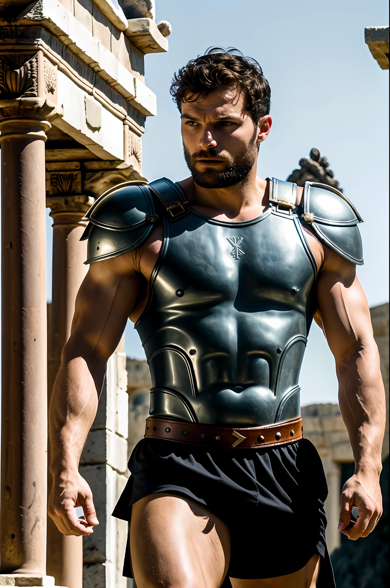 create a Gladiator), Greek God style, wearing Spartan armor, strong and muscular, Jamie Dornan, strong and muscular, (Moreno with model face), wearing dark beard, dark short hair, man similar to actor jamie dornan, (high quality and realistic image), sparta city background, cinematic style, ((Best quality, 8k, Masterpiece).