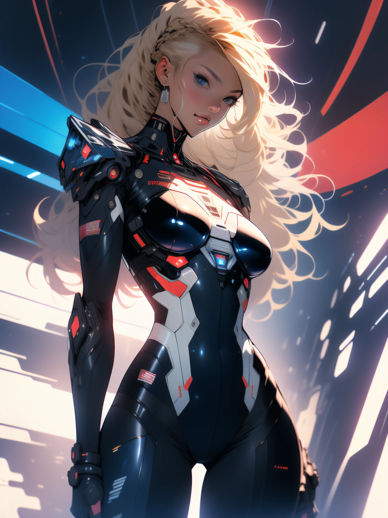 ((Best quality)), ((masterpiece)), (detailed: 1.4), (Absurd), Tank pilot black woman ready for war, shiny skin, perfect body, back, perfect ass, defined muscles, half thick ????? thighs, closed mouth, only in panties, include stars in clothing, muscular body covered by technological clothing, Neon Genesis Evangelion style, cyberpunk, generous neckline, ((perfect large breasts)), (blue eyes without pupils), ((clothing in the colors of the flag of Australia)), (((afro blonde hair)))), (thin stripes covering the breasts), (Psychedelic tattoo on the arms), ((drawings of a devil on the arms)), Australia, short underwear, garter belt, by mucha, niji --V5, close to real, psychopath, crazy face, sexy pose, background with a giant Gundam style robot head, 2 piece clothing, shoulder pads with airplane wings, pastel, centered, scale to fit dimensions, HDR (High Dynamic Range),Ray Tracing,NVIDIA RTX,Super-Resolution,Unreal 5,Subsurface dispersion, PBR texture, Post-processing, Anisotropic filtering, Depth of field, Maximum clarity and sharpness, Multilayer textures, Albedo and specular maps, Surface shading, Accurate simulation of light-material interaction, Perfect proportions, Octane Render, Two-tone lighting, Wide aperture, Low ISO, White balance, Rule of thirds, 8K RAW, crysisnanosuit